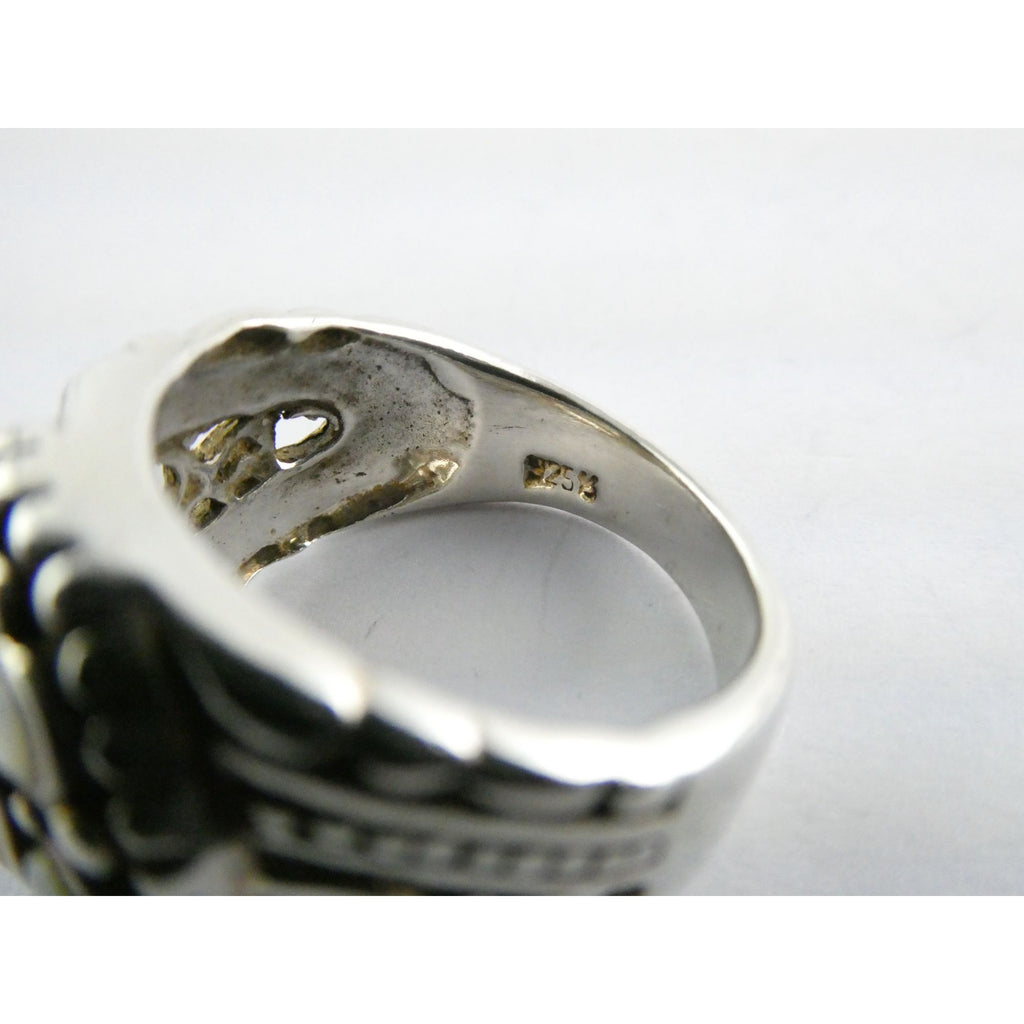 Sterling Silver MOP Shell Floral Design Ornate Scrollwork Ring Size 8 9g