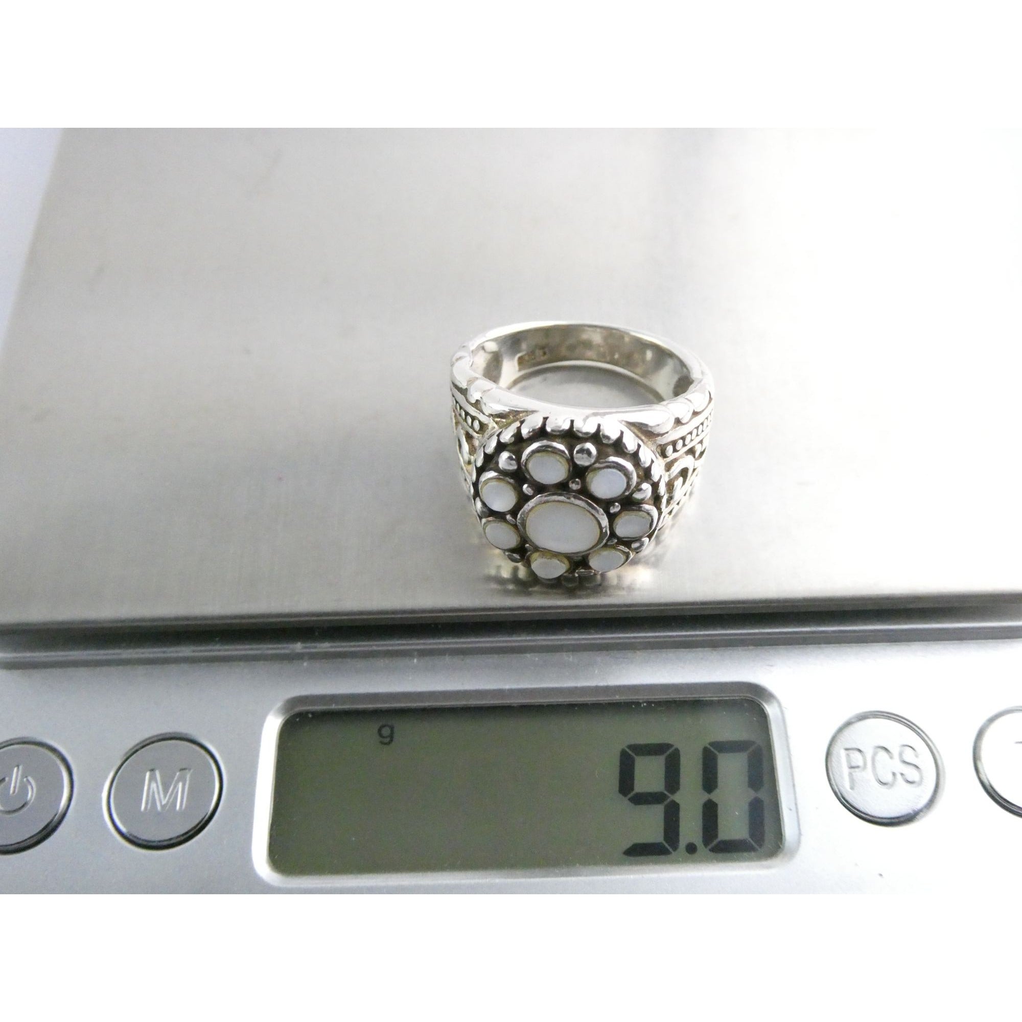 Sterling Silver MOP Shell Floral Design Ornate Scrollwork Ring Size 8 9g