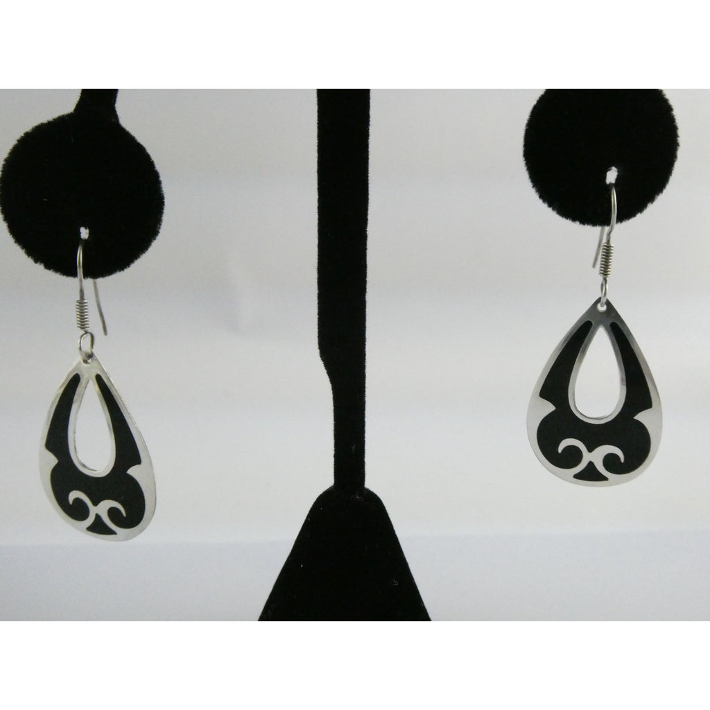Taxco Mexico Sterling Silver Black Enamel Swirl Design Hook Earrings 4g 1.75 In