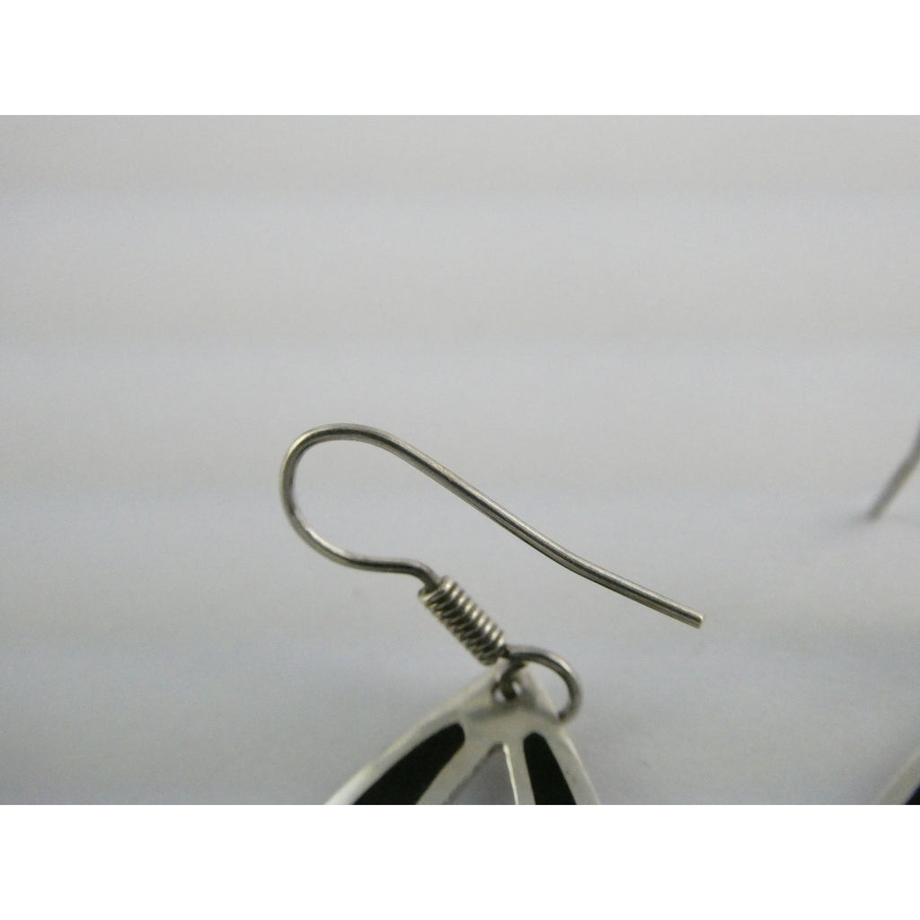 Taxco Mexico Sterling Silver Black Enamel Swirl Design Hook Earrings 4g 1.75 In