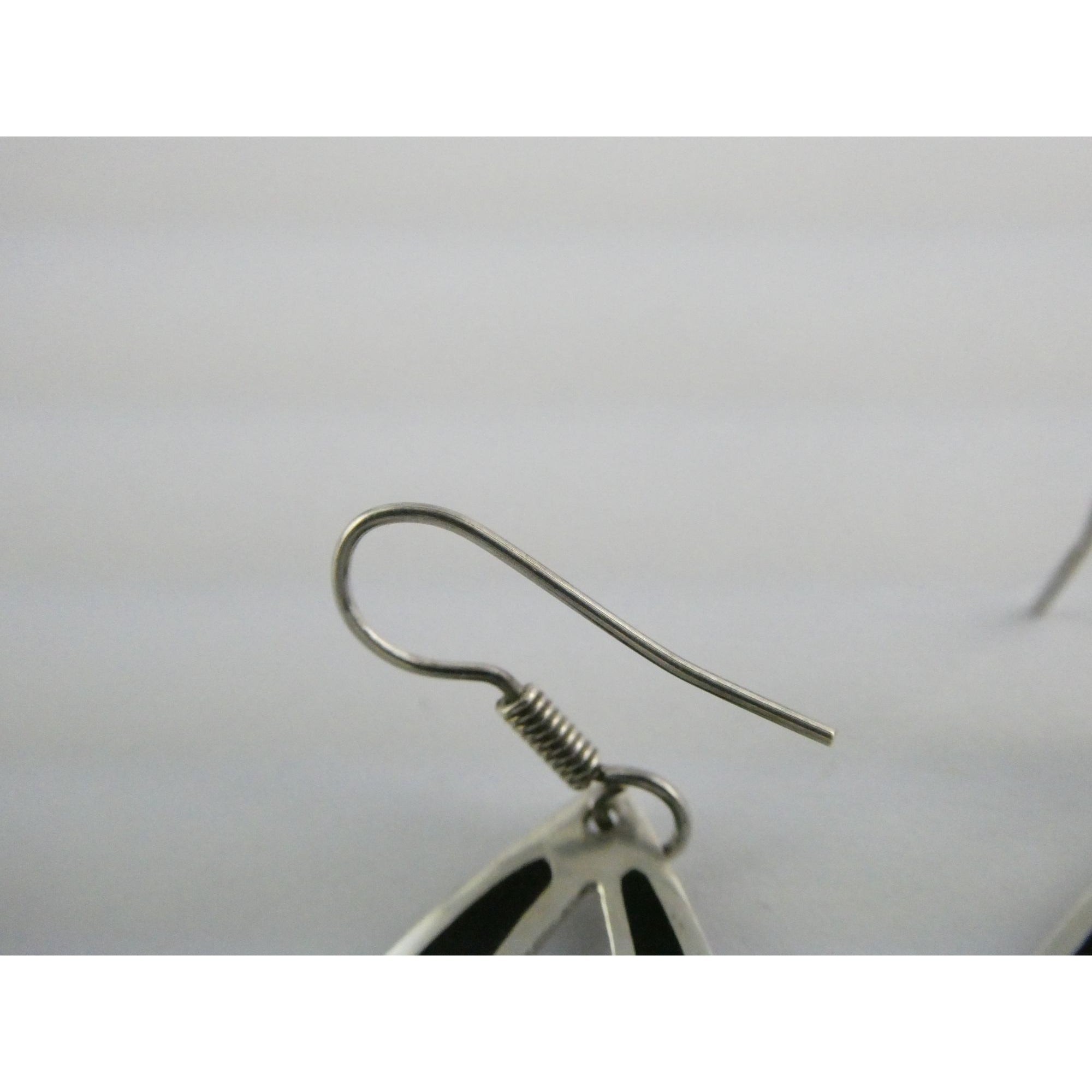 Taxco Mexico Sterling Silver Black Enamel Swirl Design Hook Earrings 4g 1.75 In