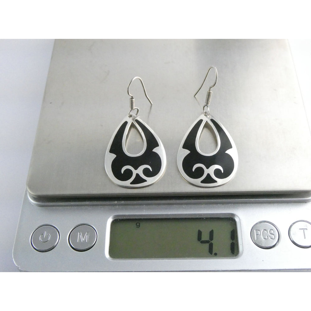 Taxco Mexico Sterling Silver Black Enamel Swirl Design Hook Earrings 4g 1.75 In