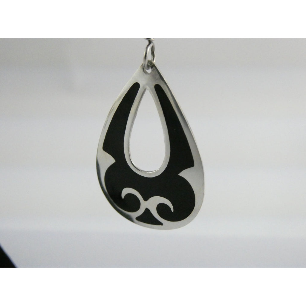 Taxco Mexico Sterling Silver Black Enamel Swirl Design Hook Earrings 4g 1.75 In