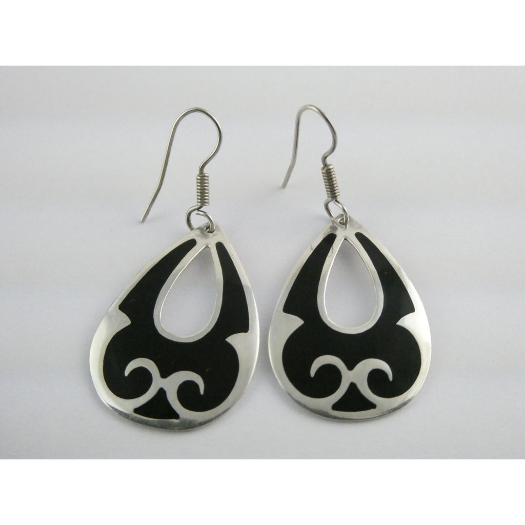 Taxco Mexico Sterling Silver Black Enamel Swirl Design Hook Earrings 4g 1.75 In