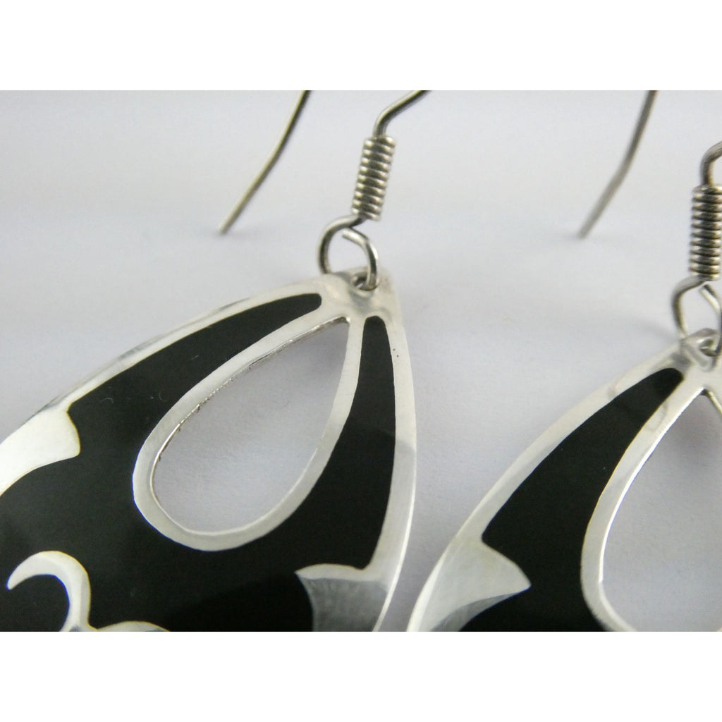 Taxco Mexico Sterling Silver Black Enamel Swirl Design Hook Earrings 4g 1.75 In