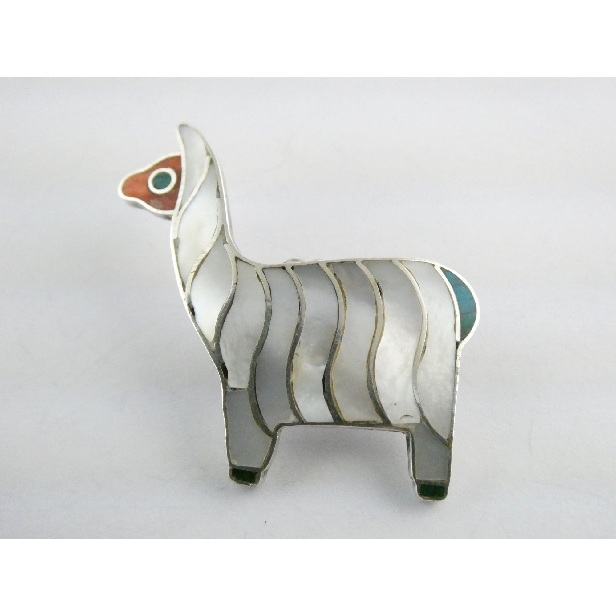 Vintage 950 Silver Mother of Pearl Shell Inlay Llama Pendant 6.4g 1.5 Inch Long
