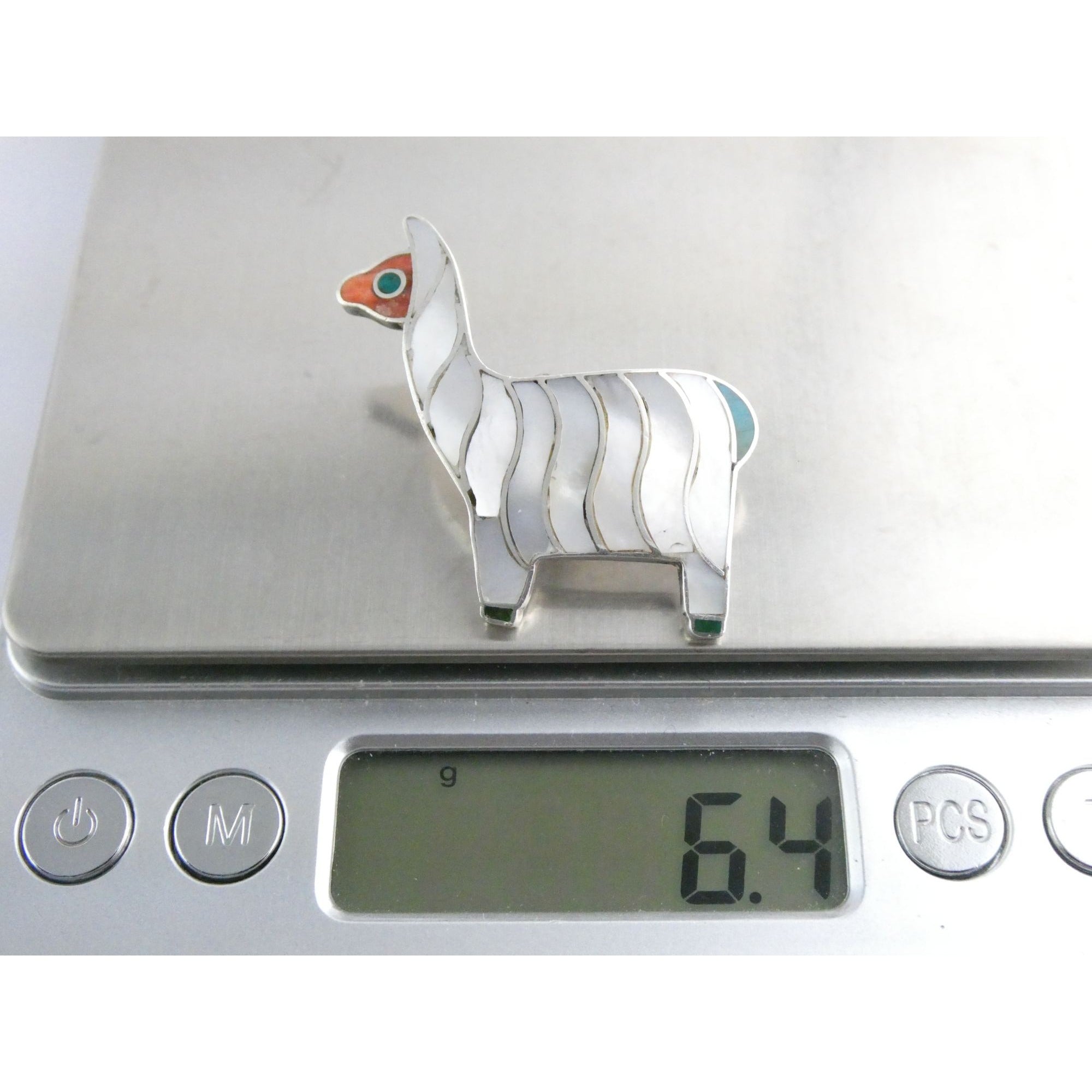 Vintage 950 Silver Mother of Pearl Shell Inlay Llama Pendant 6.4g 1.5 Inch Long
