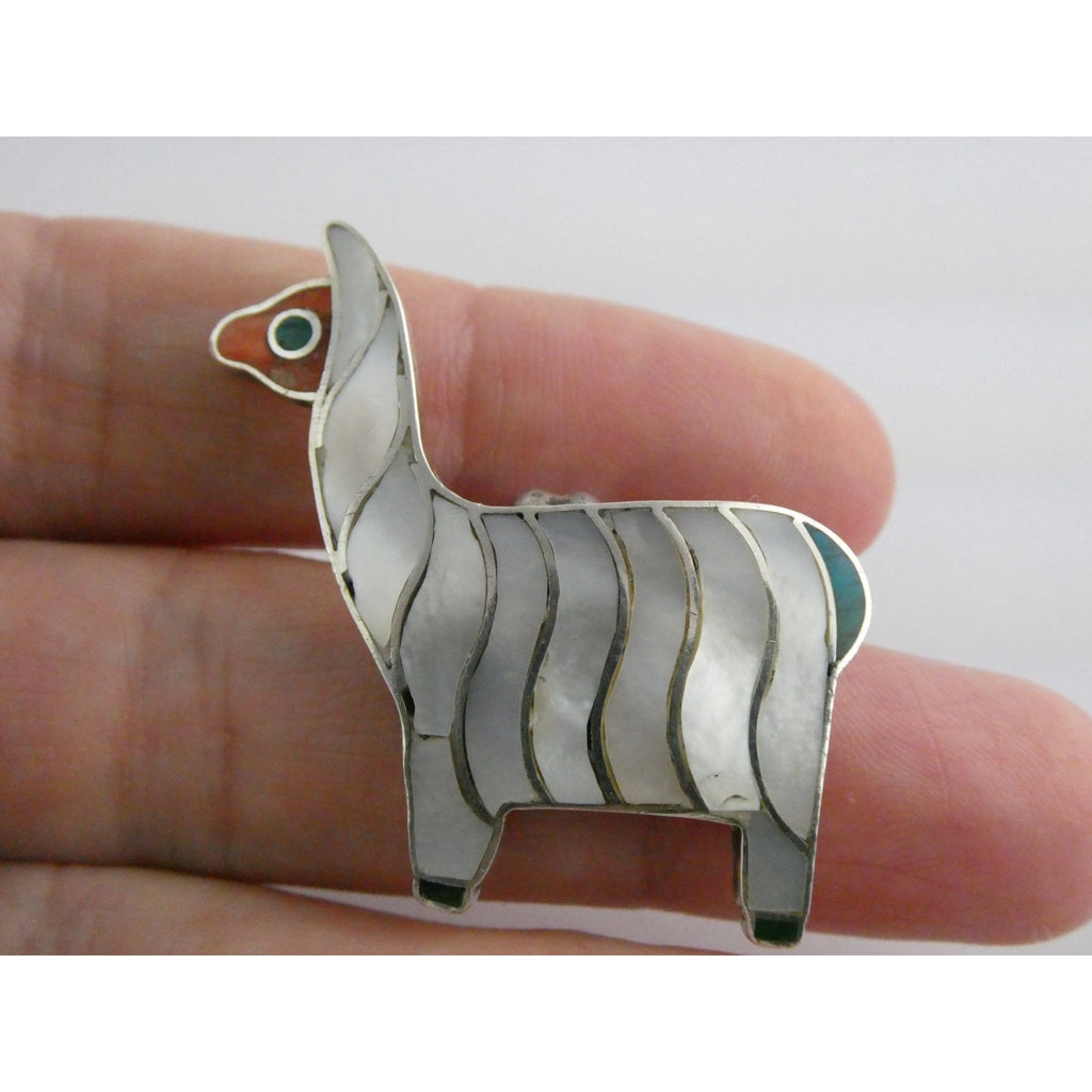 Vintage 950 Silver Mother of Pearl Shell Inlay Llama Pendant 6.4g 1.5 Inch Long