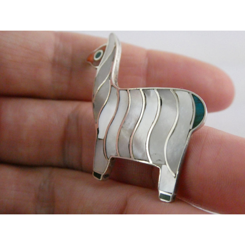 Vintage 950 Silver Mother of Pearl Shell Inlay Llama Pendant 6.4g 1.5 Inch Long