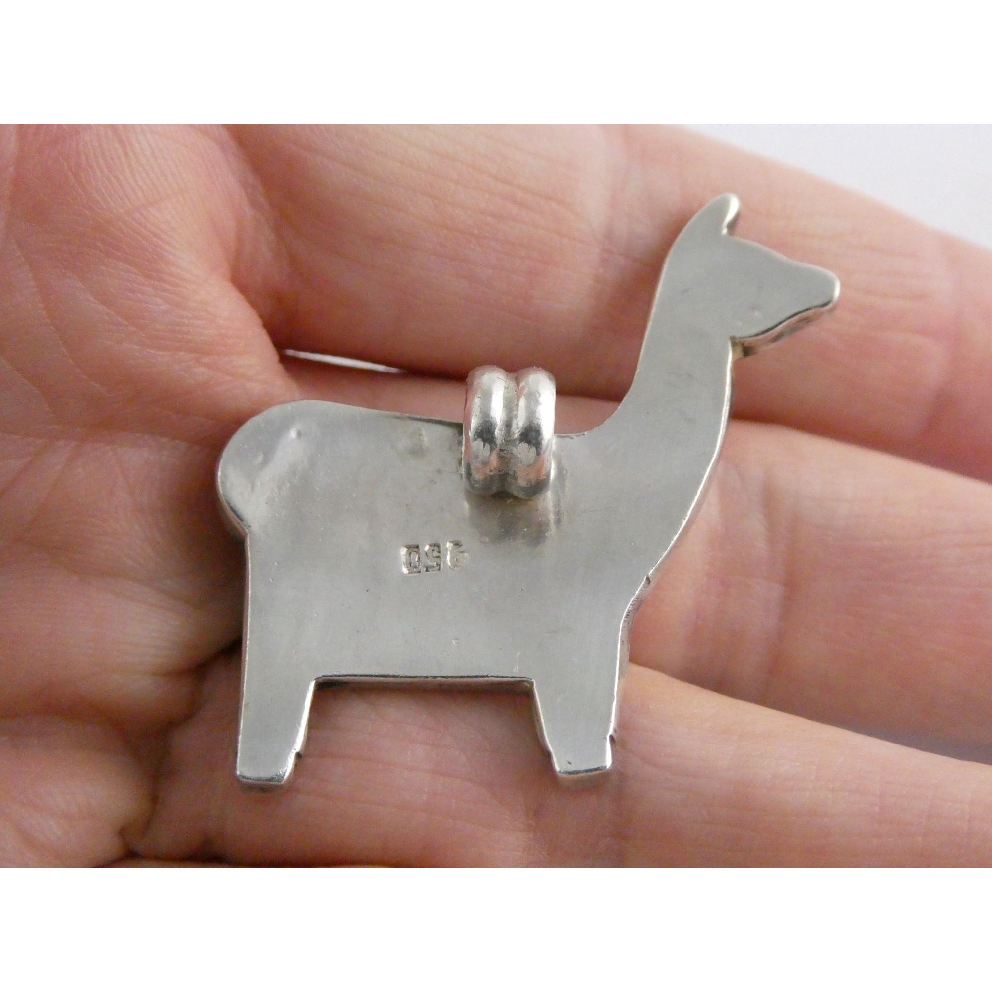 Vintage 950 Silver Mother of Pearl Shell Inlay Llama Pendant 6.4g 1.5 Inch Long