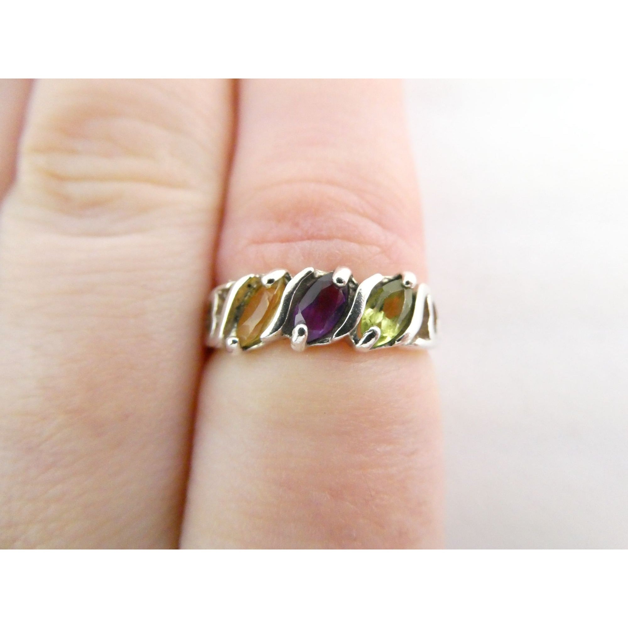 Avon Sterling Silver Amethyst Citrine Peridot Open Hearts Setting Ring Sz 7.25