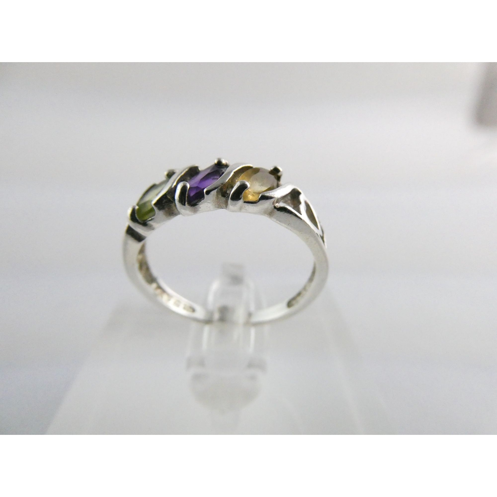 Avon Sterling Silver Amethyst Citrine Peridot Open Hearts Setting Ring Sz 7.25