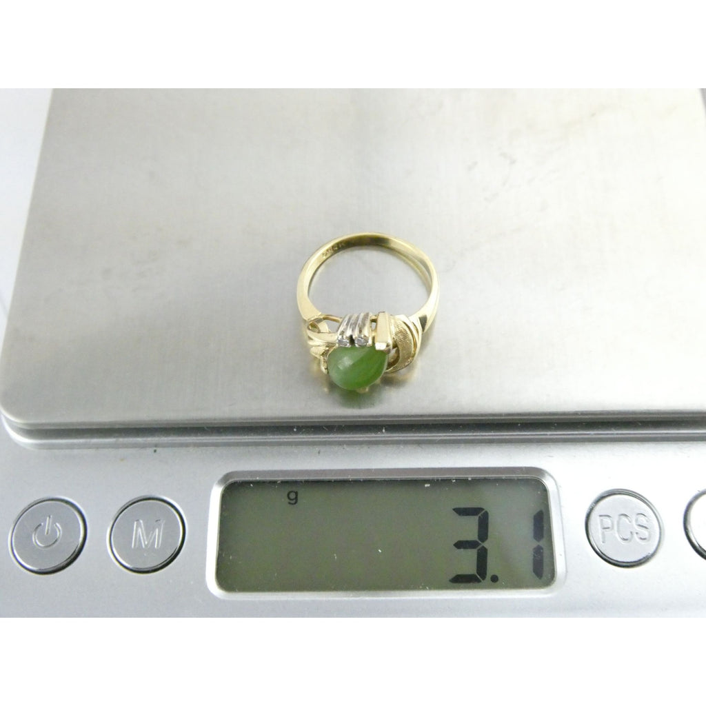 Vintage Designer 14k Yellow Gold Nephrite Jade Two Diamond Ring Size 5.5 3.1g