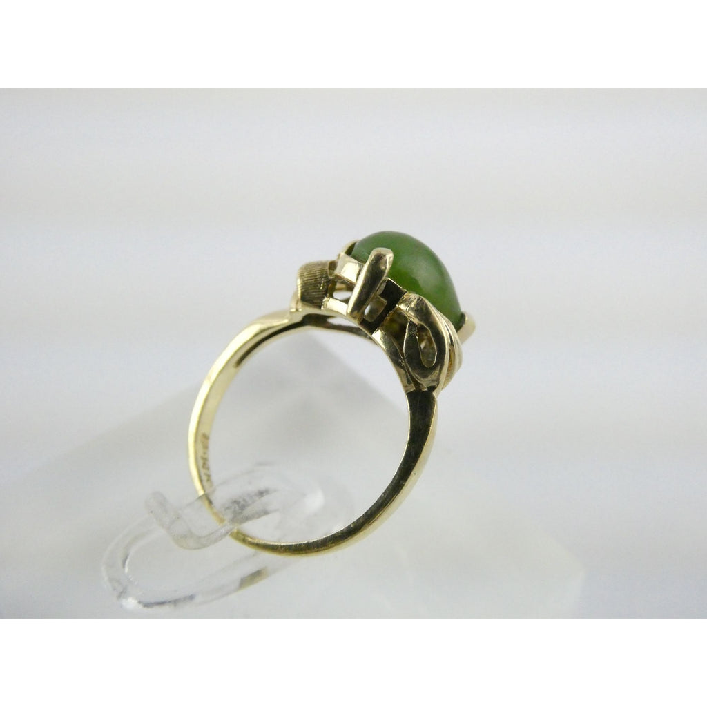 Vintage Designer 14k Yellow Gold Nephrite Jade Two Diamond Ring Size 5.5 3.1g