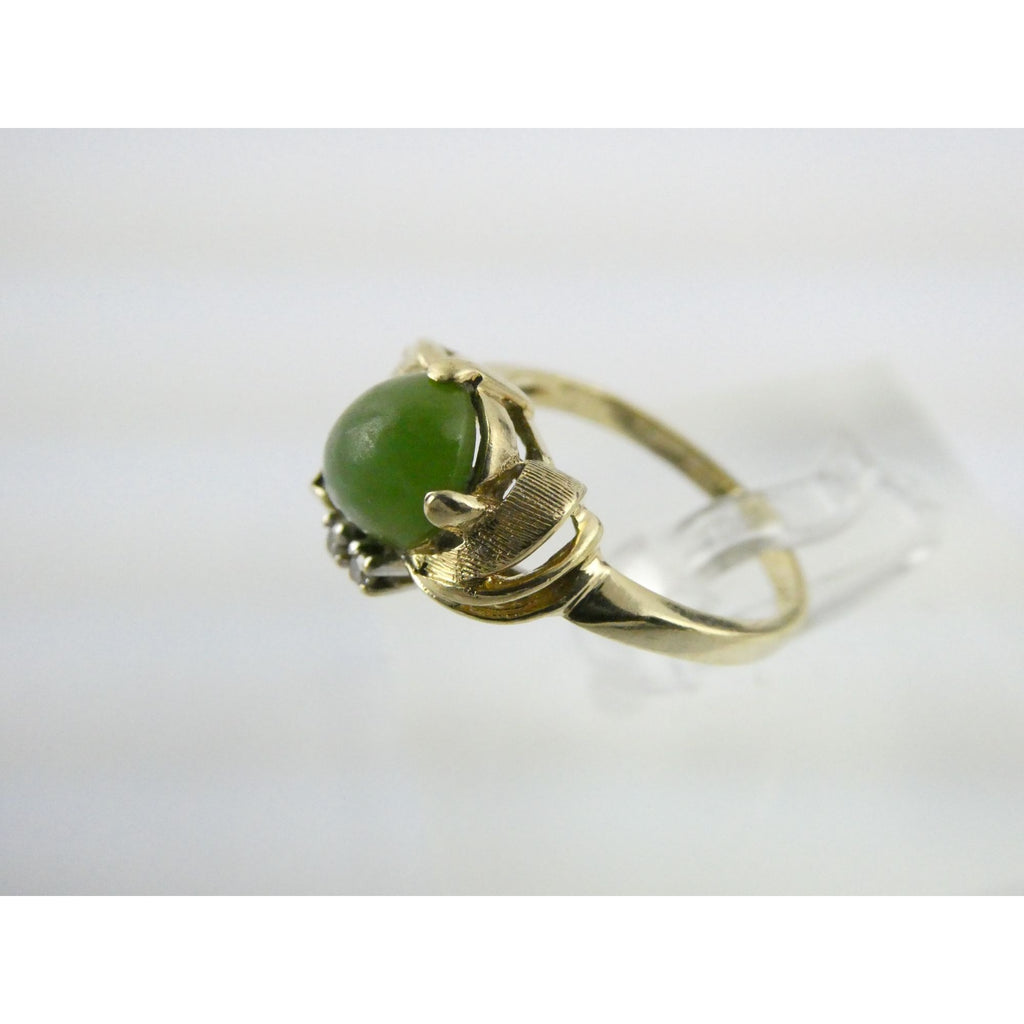 Vintage Designer 14k Yellow Gold Nephrite Jade Two Diamond Ring Size 5.5 3.1g