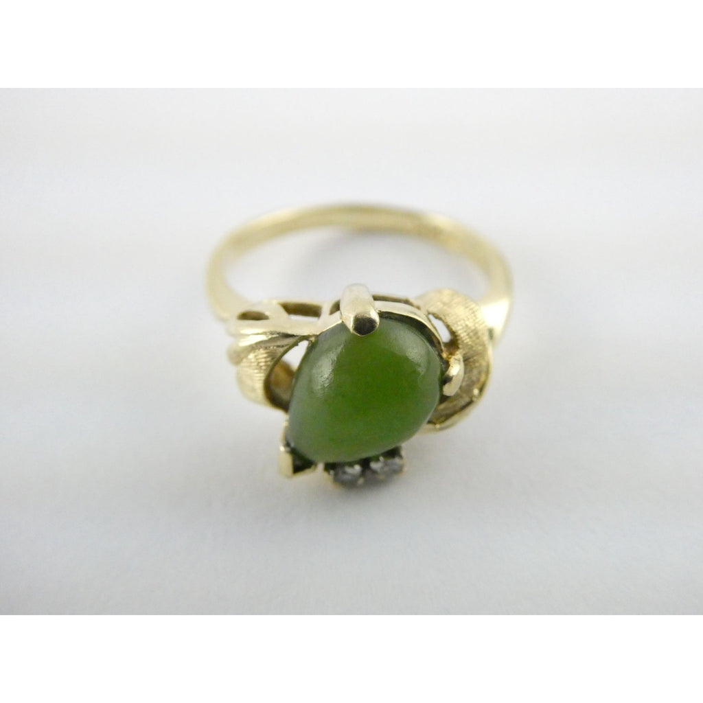 Vintage Designer 14k Yellow Gold Nephrite Jade Two Diamond Ring Size 5.5 3.1g