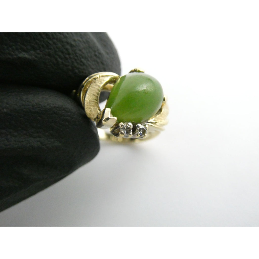 Vintage Designer 14k Yellow Gold Nephrite Jade Two Diamond Ring Size 5.5 3.1g