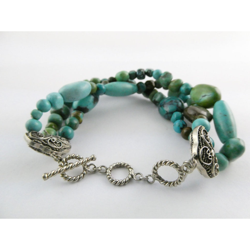 BJ Sterling Silver Multi Strand Mixed Turquoise Beaded Bracelet 7.25 Inches 45g