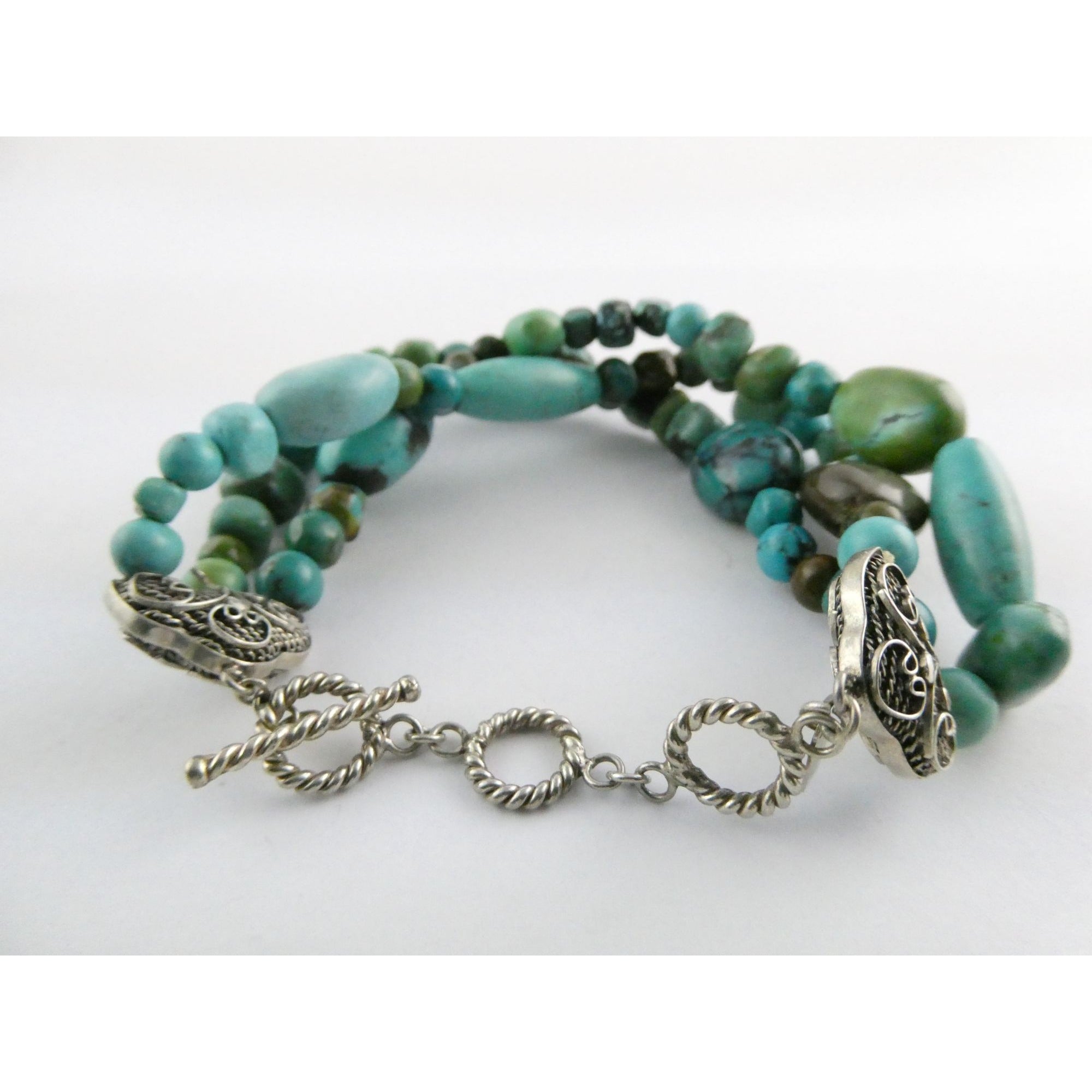 BJ Sterling Silver Multi Strand Mixed Turquoise Beaded Bracelet 7.25 Inches 45g