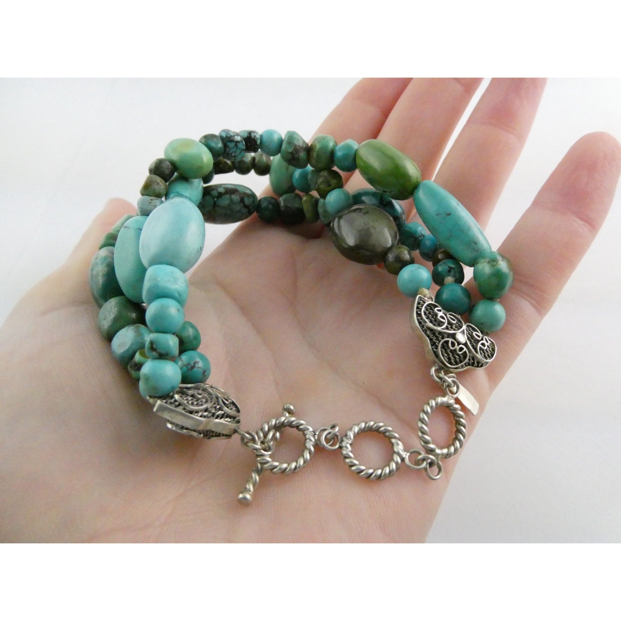 BJ Sterling Silver Multi Strand Mixed Turquoise Beaded Bracelet 7.25 Inches 45g