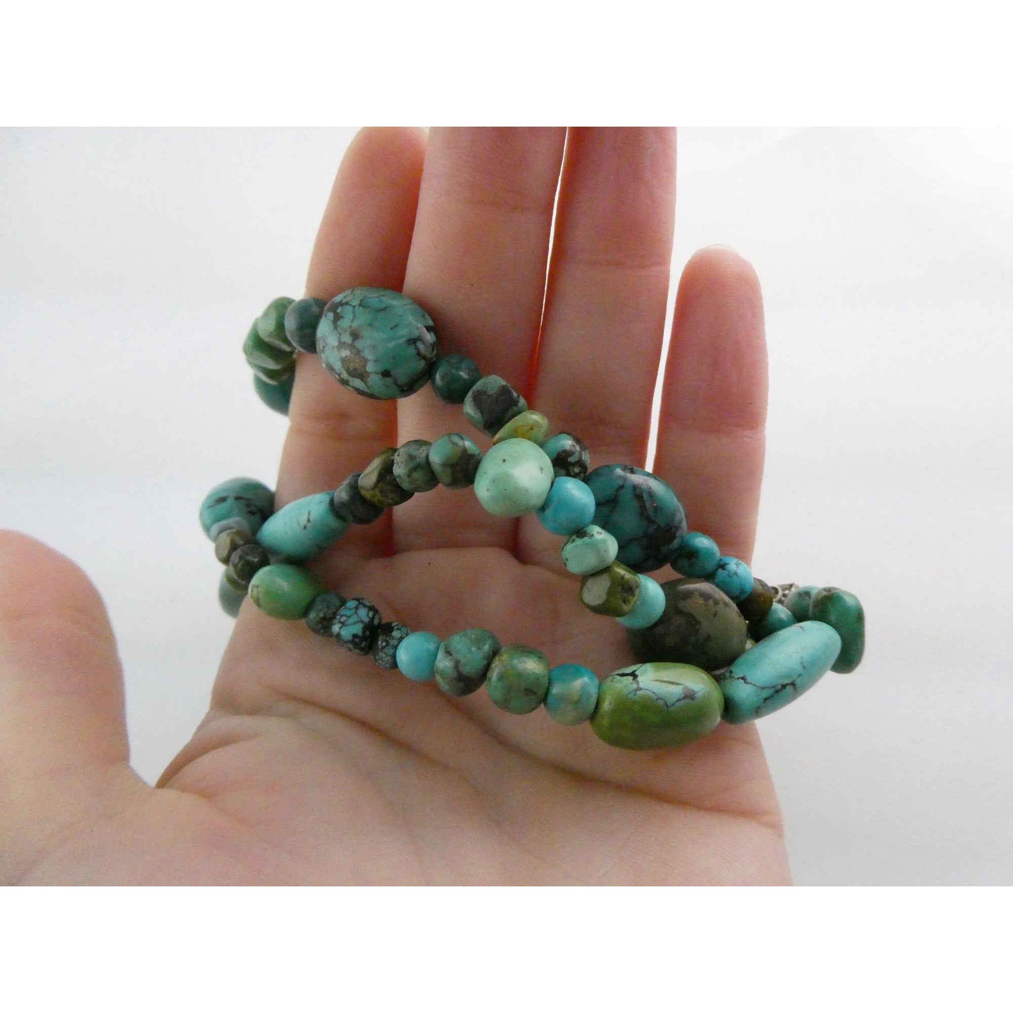 BJ Sterling Silver Multi Strand Mixed Turquoise Beaded Bracelet 7.25 Inches 45g