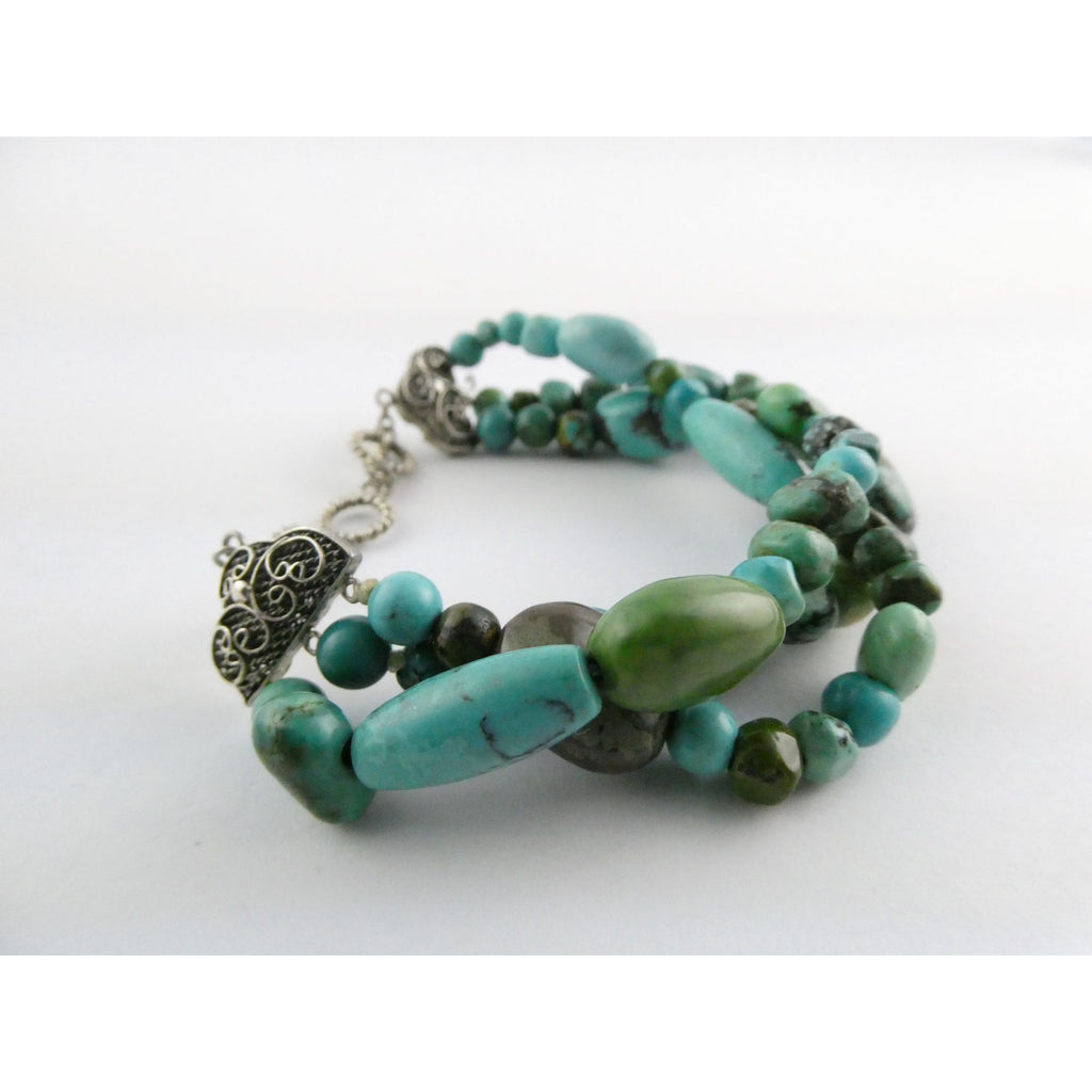 BJ Sterling Silver Multi Strand Mixed Turquoise Beaded Bracelet 7.25 Inches 45g