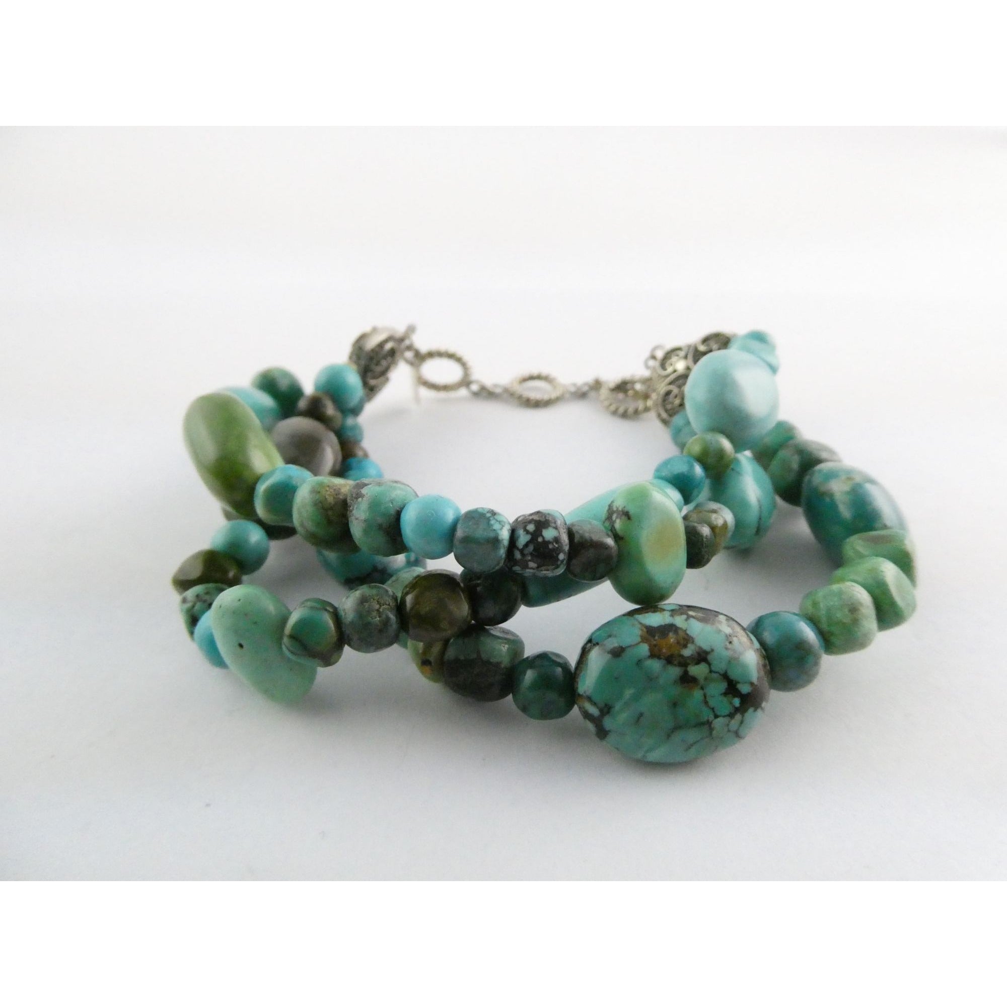 BJ Sterling Silver Multi Strand Mixed Turquoise Beaded Bracelet 7.25 Inches 45g