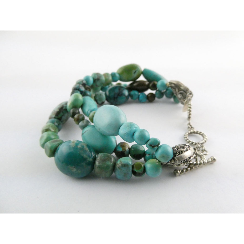 BJ Sterling Silver Multi Strand Mixed Turquoise Beaded Bracelet 7.25 Inches 45g