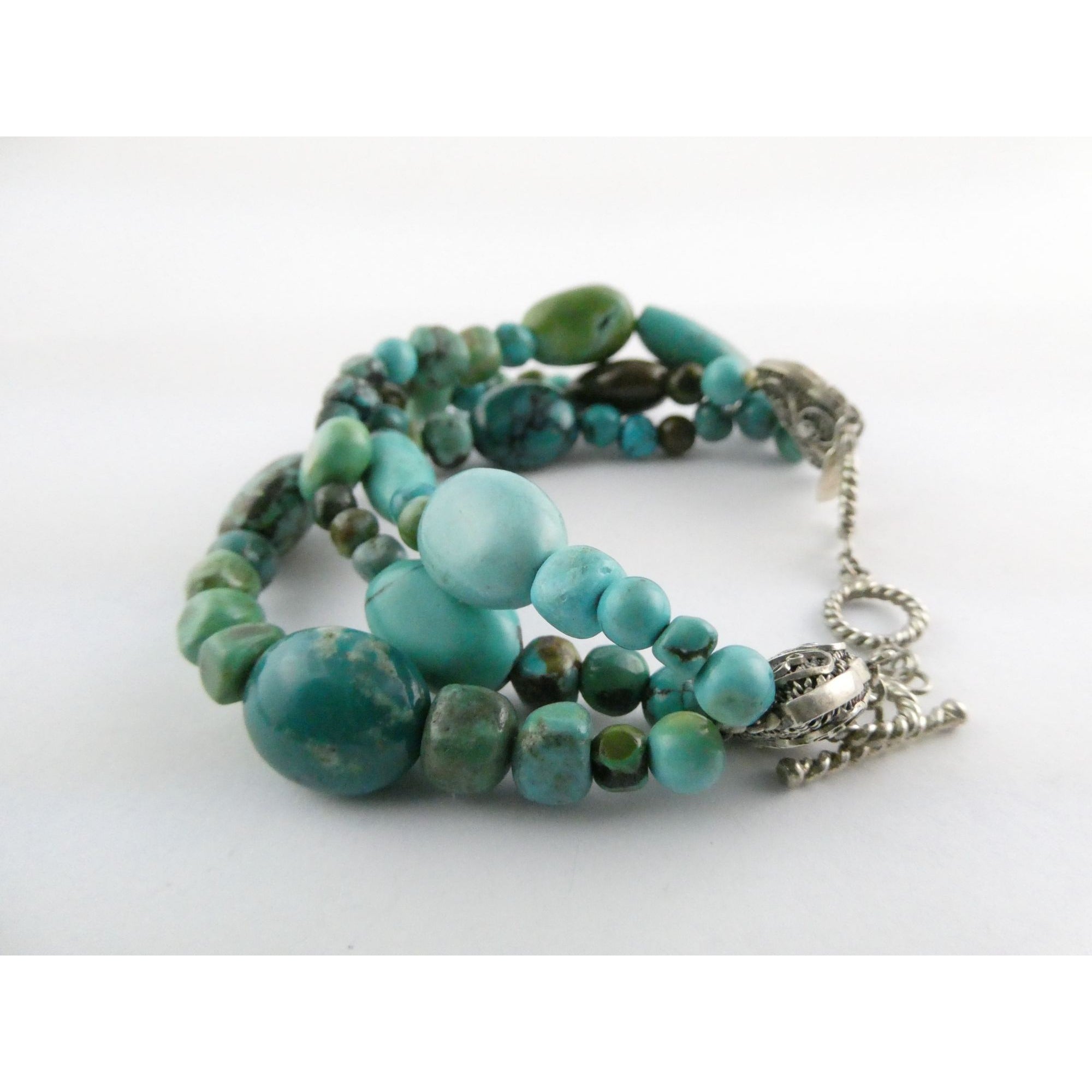 BJ Sterling Silver Multi Strand Mixed Turquoise Beaded Bracelet 7.25 Inches 45g