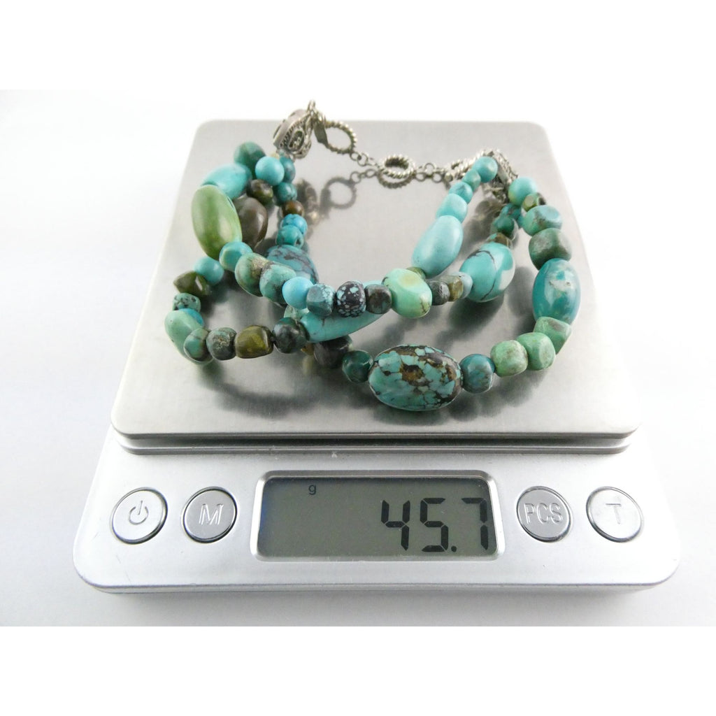 BJ Sterling Silver Multi Strand Mixed Turquoise Beaded Bracelet 7.25 Inches 45g