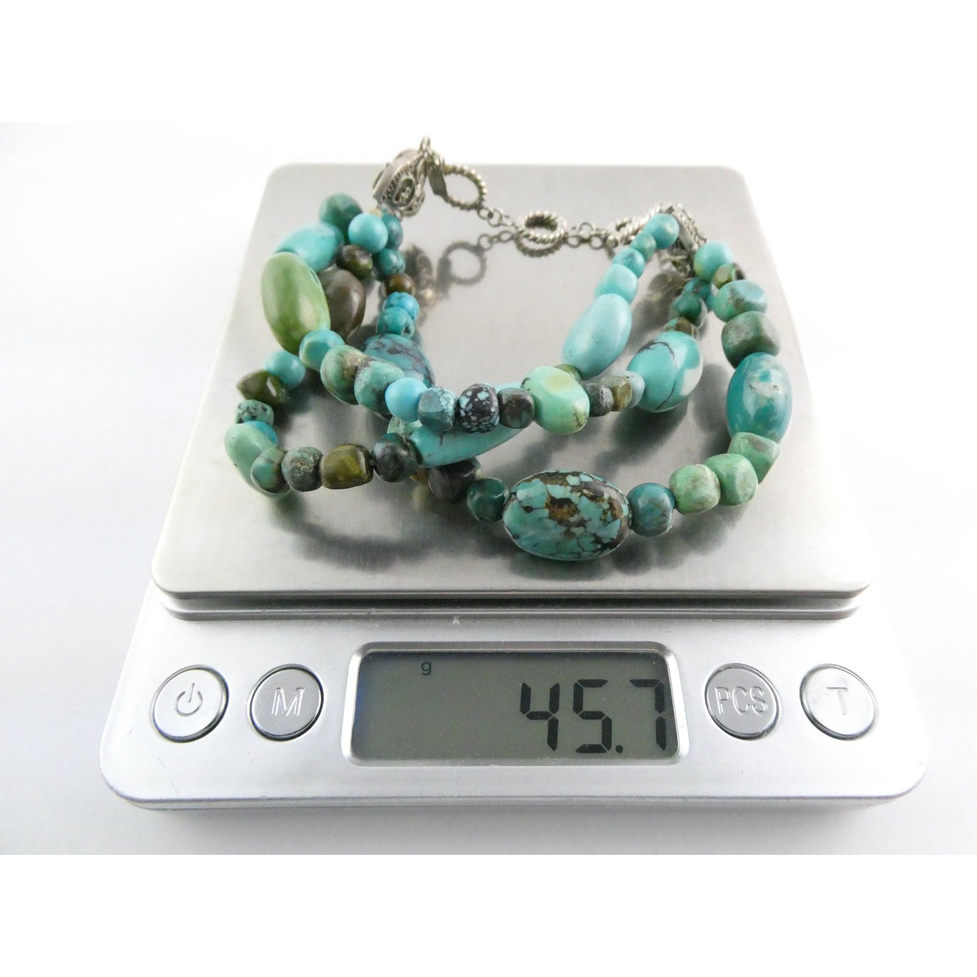 BJ Sterling Silver Multi Strand Mixed Turquoise Beaded Bracelet 7.25 Inches 45g