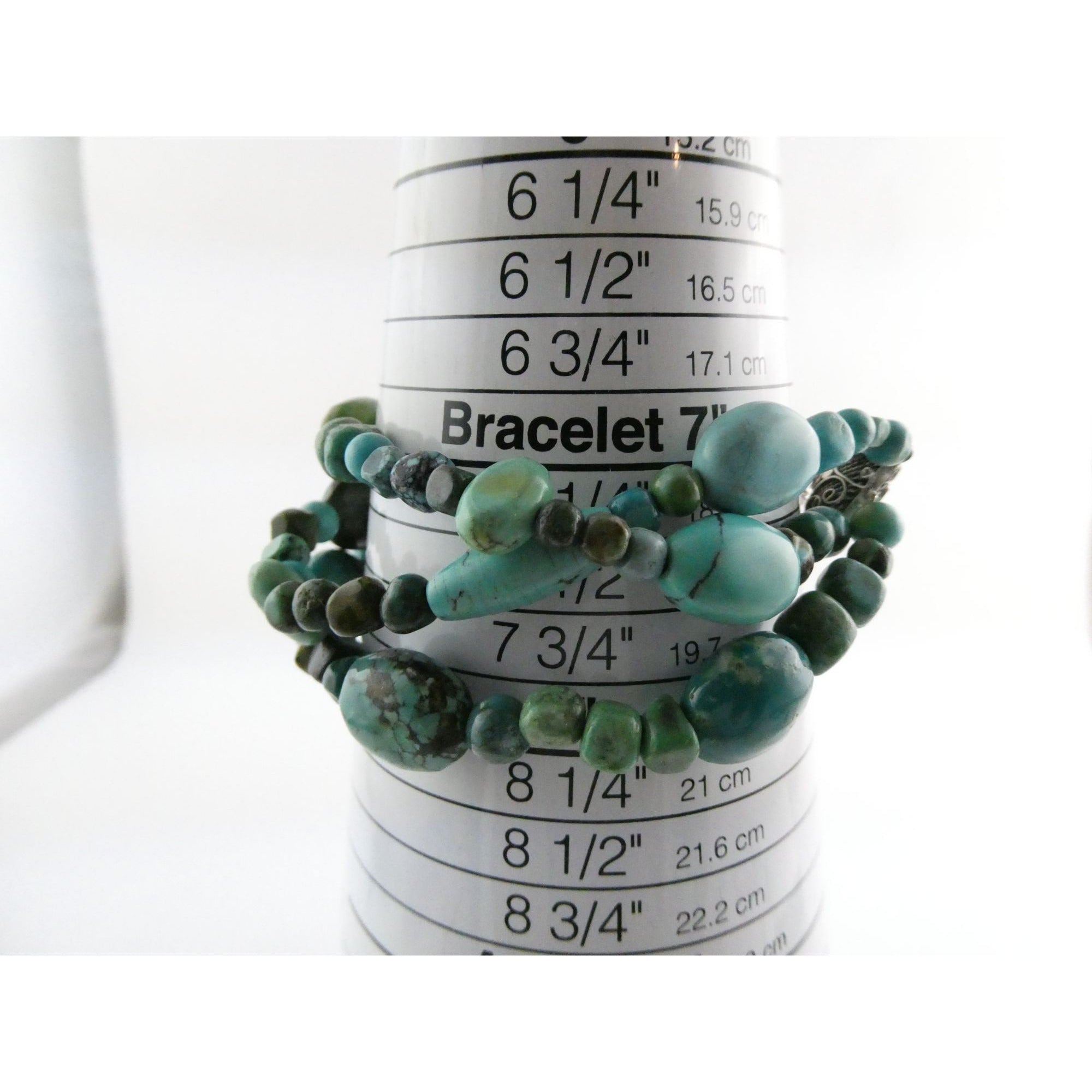 BJ Sterling Silver Multi Strand Mixed Turquoise Beaded Bracelet 7.25 Inches 45g
