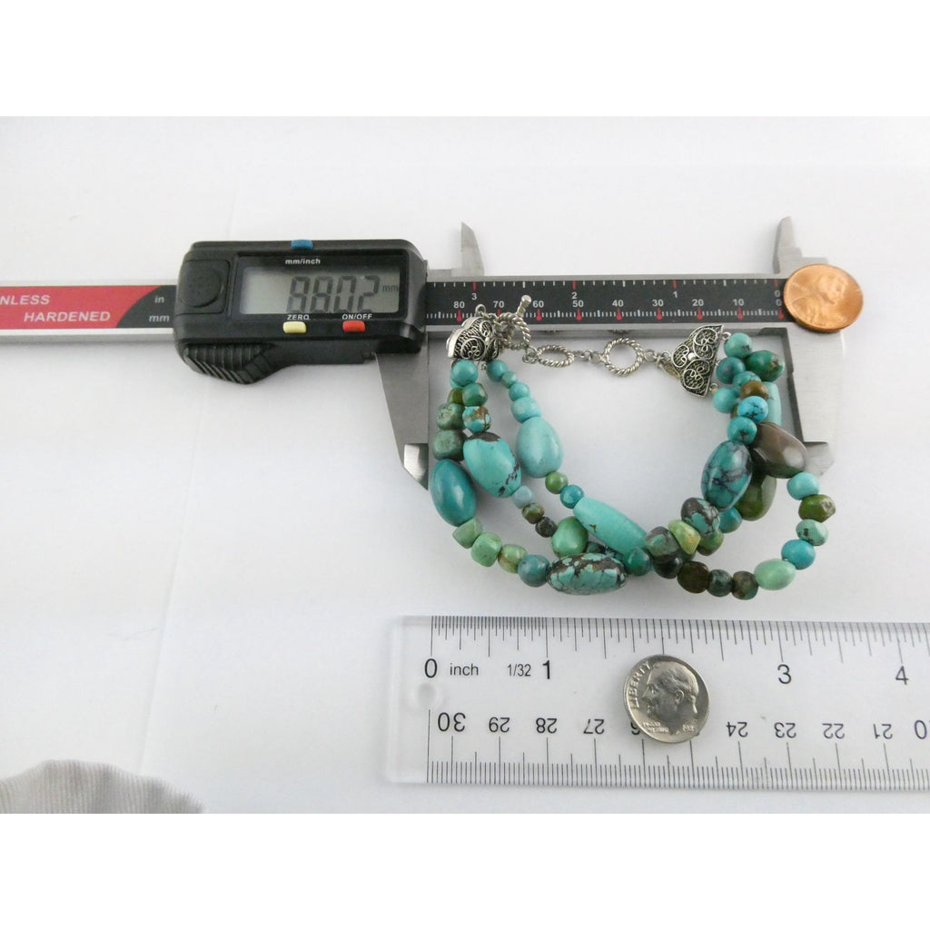 BJ Sterling Silver Multi Strand Mixed Turquoise Beaded Bracelet 7.25 Inches 45g