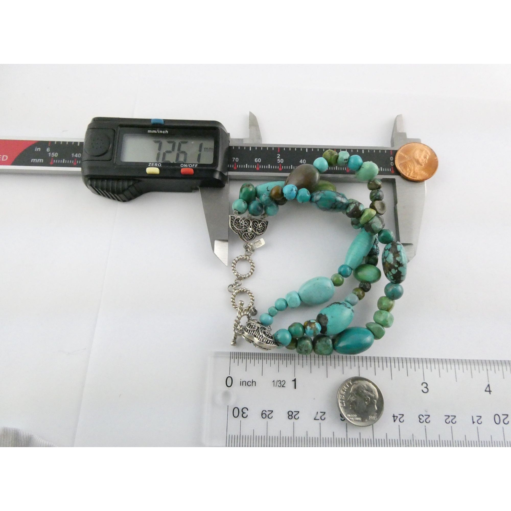 BJ Sterling Silver Multi Strand Mixed Turquoise Beaded Bracelet 7.25 Inches 45g
