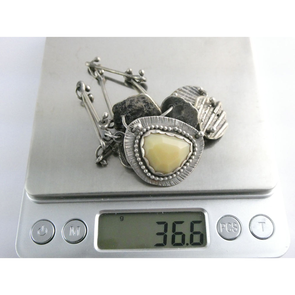 Vintage Artisan Made Sterling Silver Faceted Cream Gem Pendant Necklace 36g 17In
