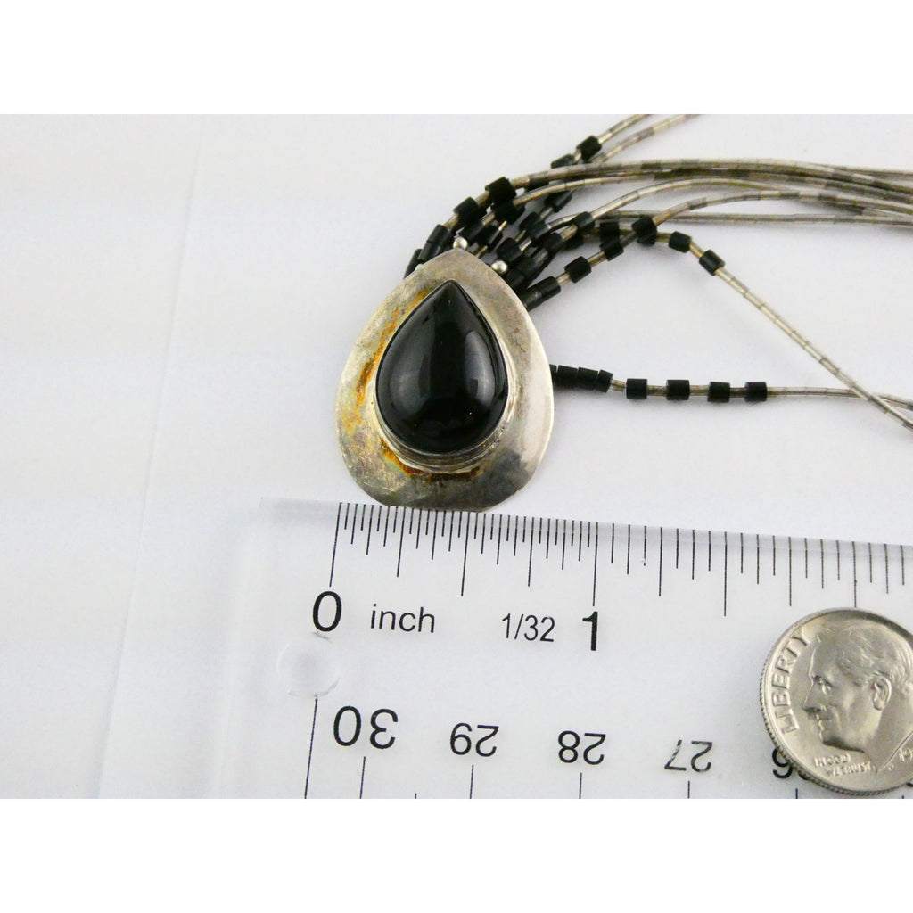 NA Navajo Felix Perry Sterling Silver Black Onyx Liquid Silver Pendant Necklace