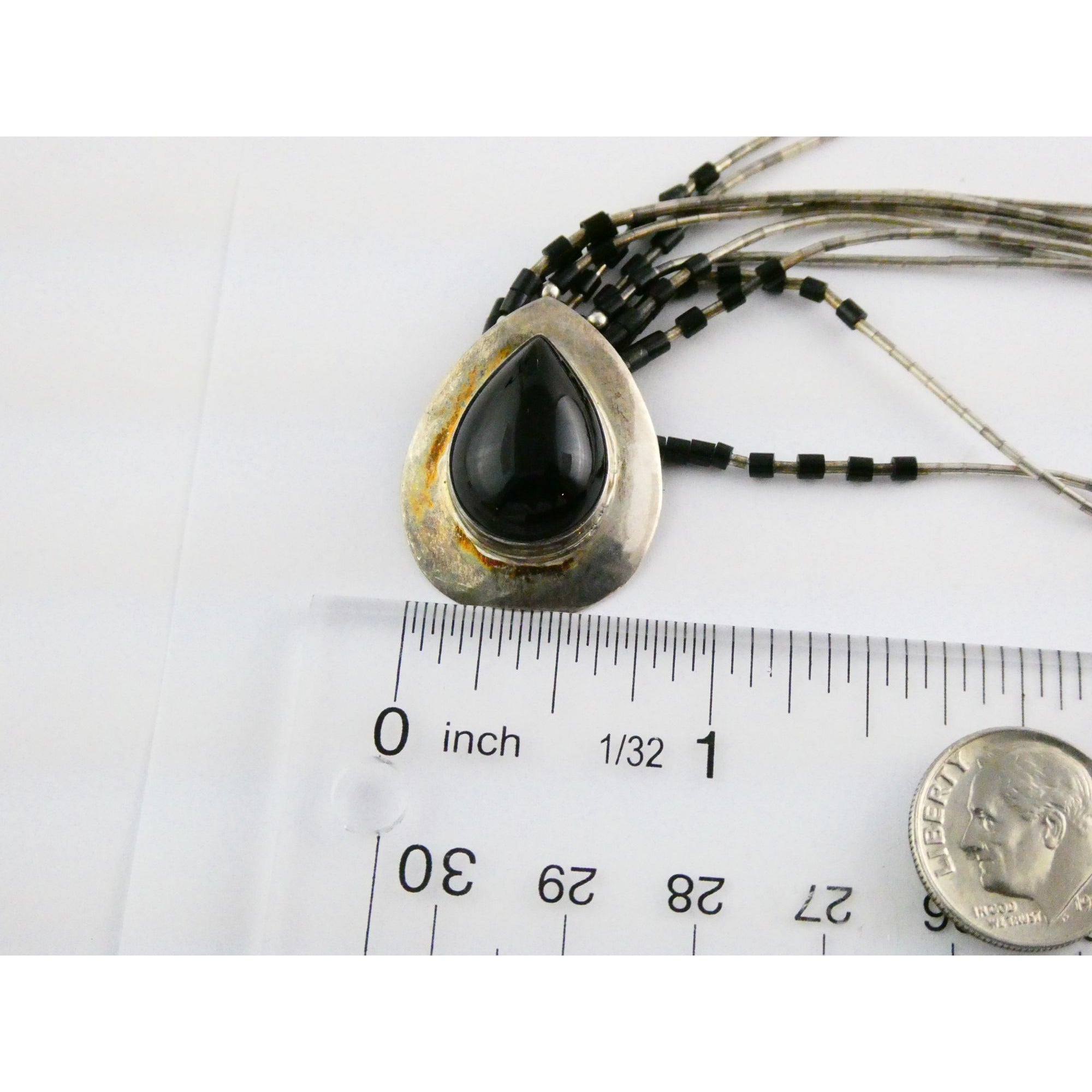 NA Navajo Felix Perry Sterling Silver Black Onyx Liquid Silver Pendant Necklace