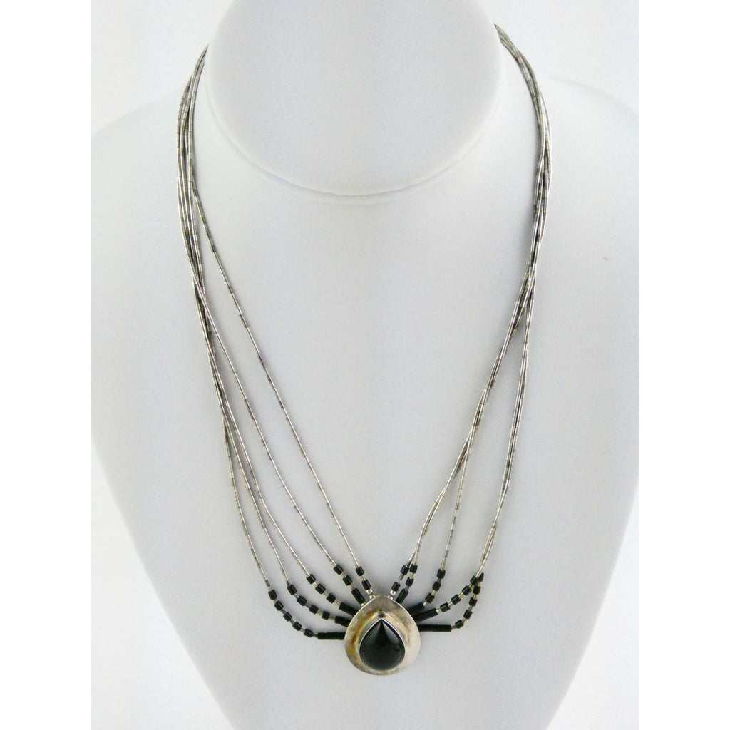NA Navajo Felix Perry Sterling Silver Black Onyx Liquid Silver Pendant Necklace