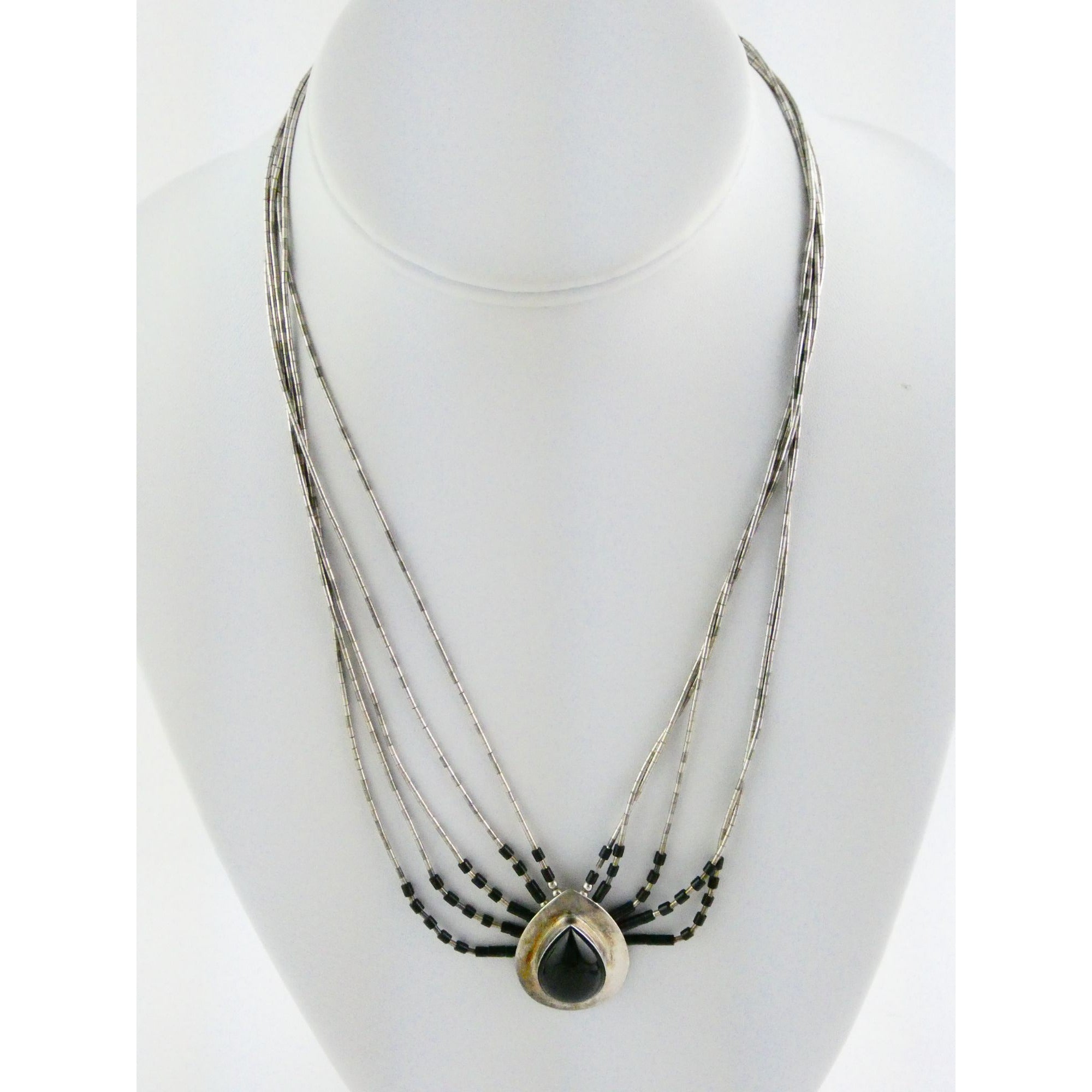 NA Navajo Felix Perry Sterling Silver Black Onyx Liquid Silver Pendant Necklace