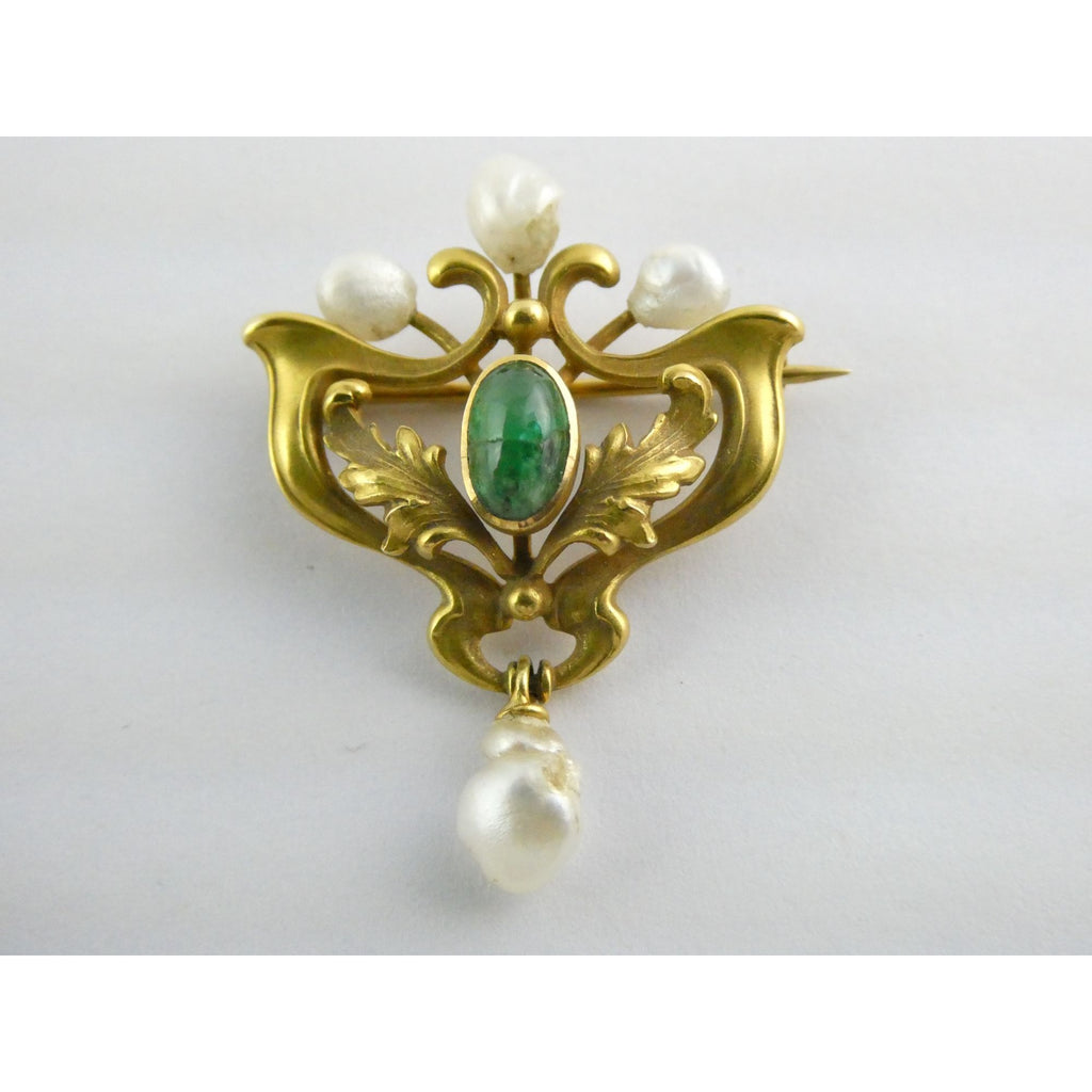 Antique Art Nouveau 14K Gold Emerald Cabochon and Baroque Pearl Pin Brooch 3.4g