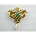 Antique Art Nouveau 14K Gold Emerald Cabochon and Baroque Pearl Pin Brooch 3.4g