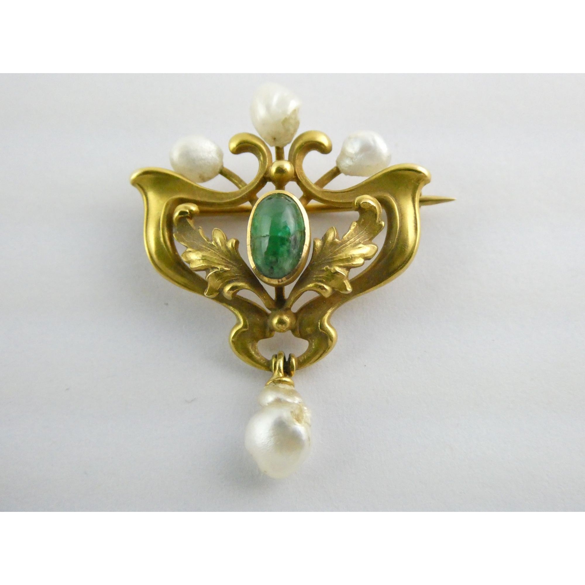 Antique Art Nouveau 14K Gold Emerald Cabochon and Baroque Pearl Pin Brooch 3.4g