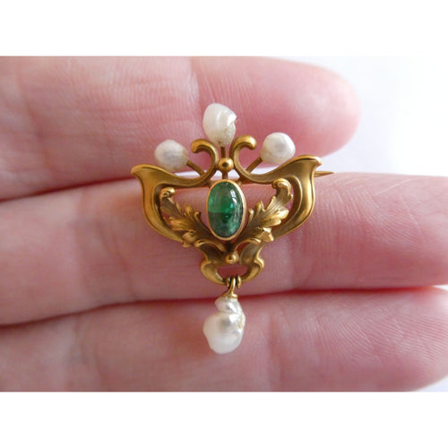 Antique Art Nouveau 14K Gold Emerald Cabochon and Baroque Pearl Pin Brooch 3.4g