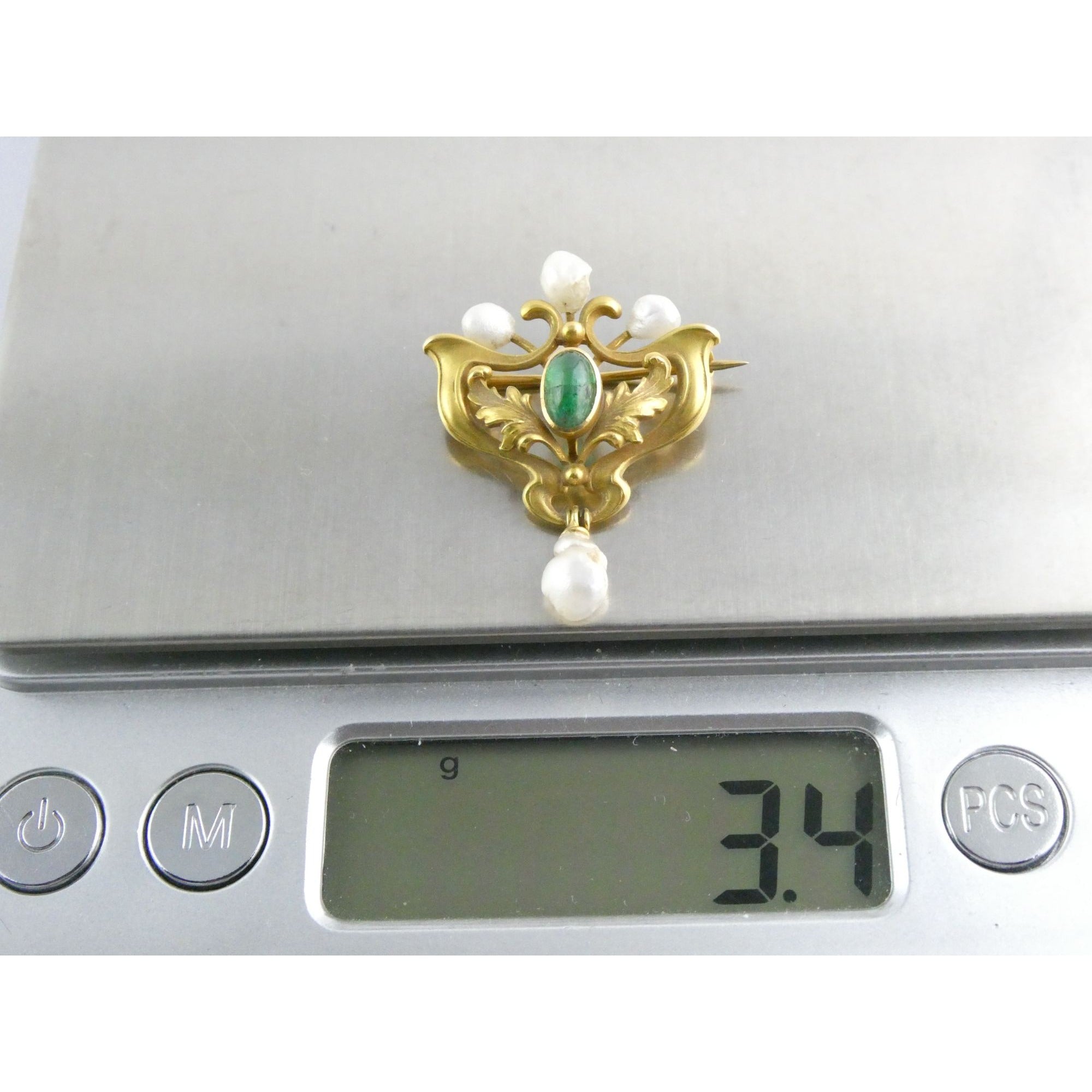 Antique Art Nouveau 14K Gold Emerald Cabochon and Baroque Pearl Pin Brooch 3.4g