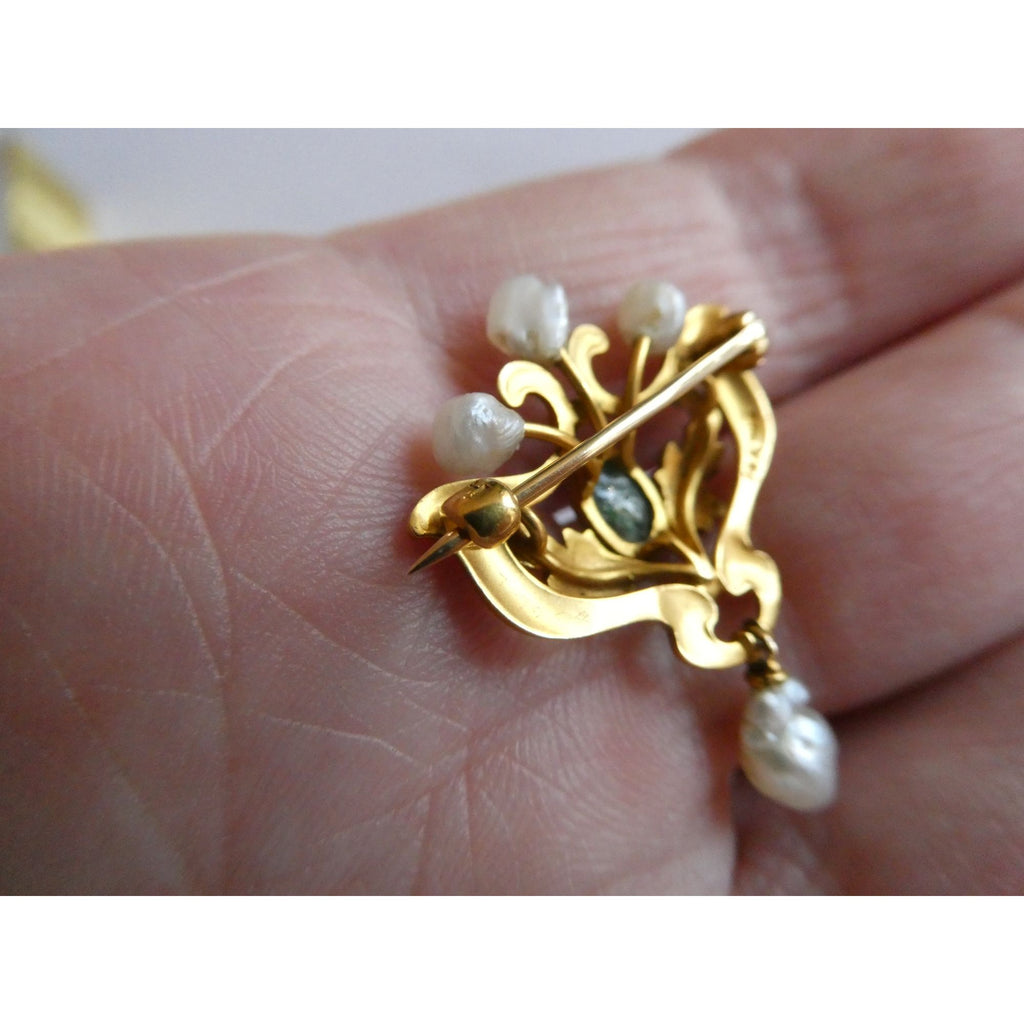 Antique Art Nouveau 14K Gold Emerald Cabochon and Baroque Pearl Pin Brooch 3.4g