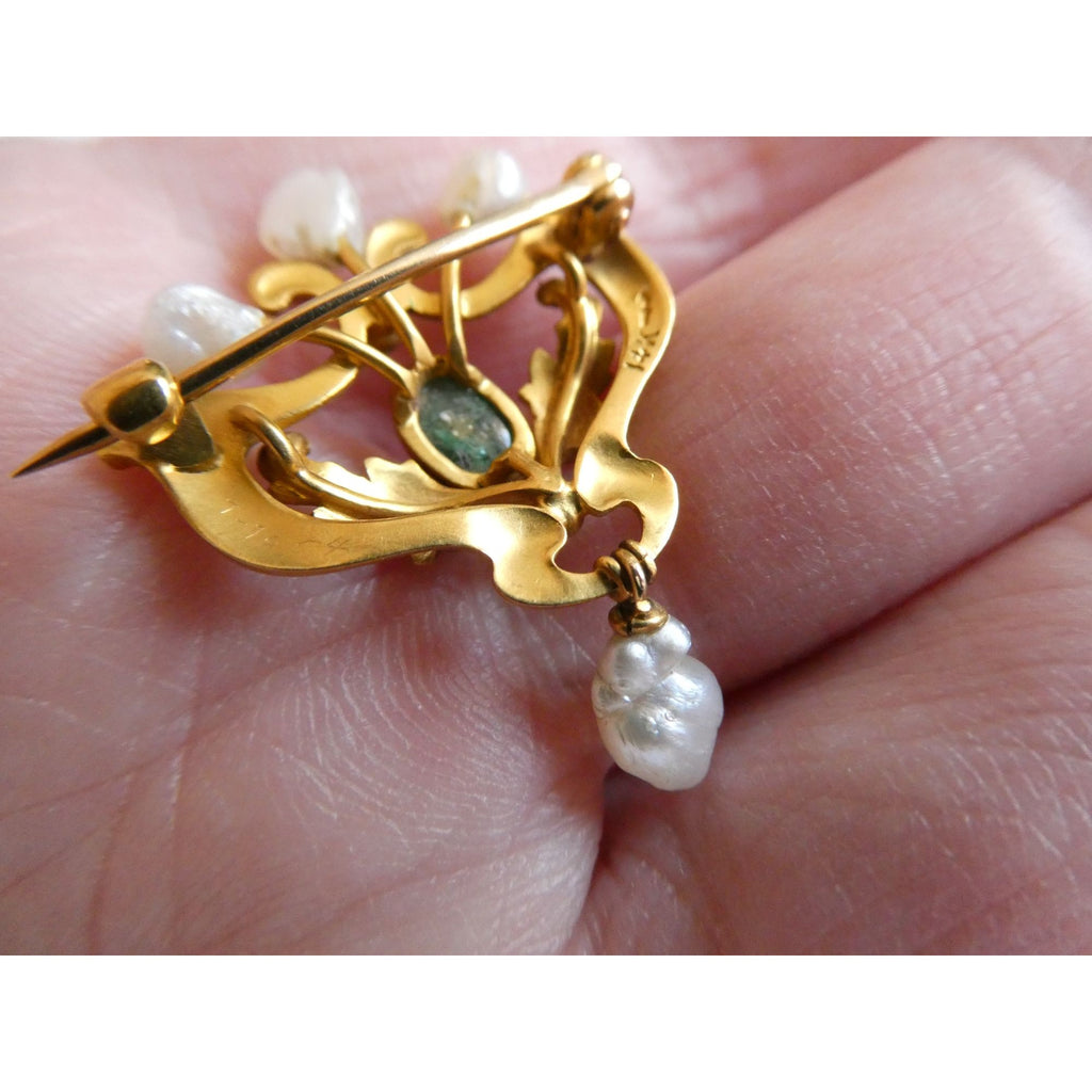 Antique Art Nouveau 14K Gold Emerald Cabochon and Baroque Pearl Pin Brooch 3.4g