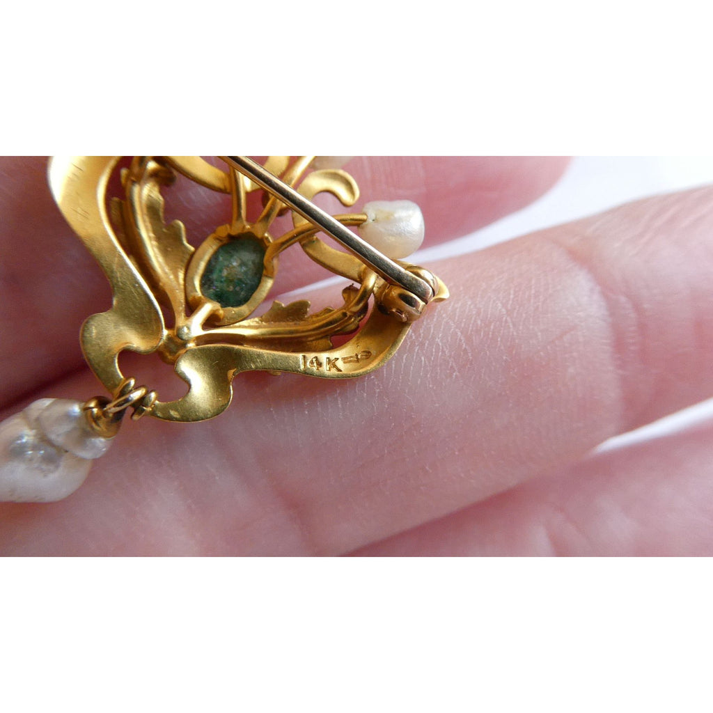 Antique Art Nouveau 14K Gold Emerald Cabochon and Baroque Pearl Pin Brooch 3.4g