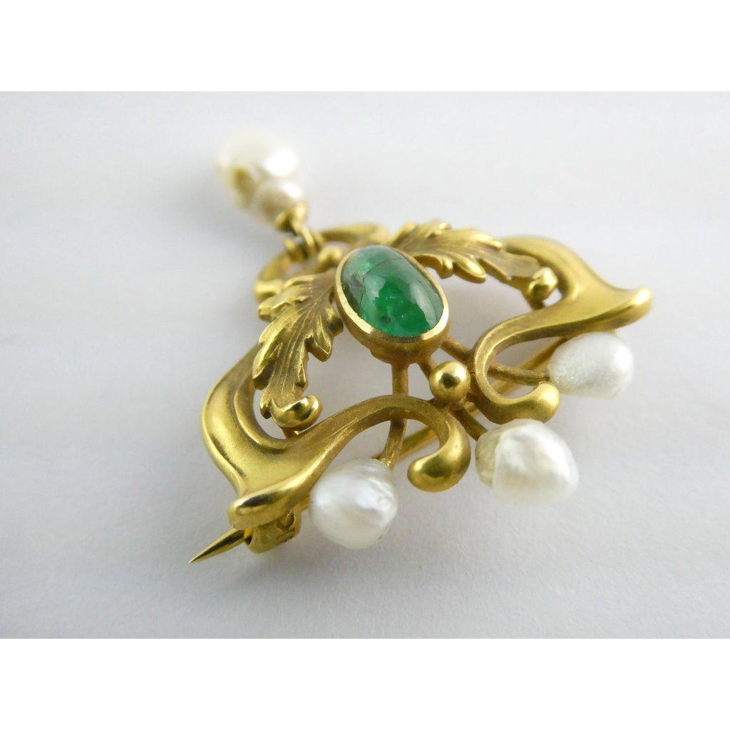 Antique Art Nouveau 14K Gold Emerald Cabochon and Baroque Pearl Pin Brooch 3.4g