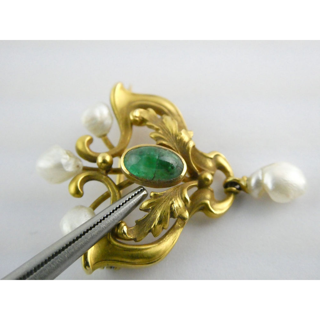 Antique Art Nouveau 14K Gold Emerald Cabochon and Baroque Pearl Pin Brooch 3.4g