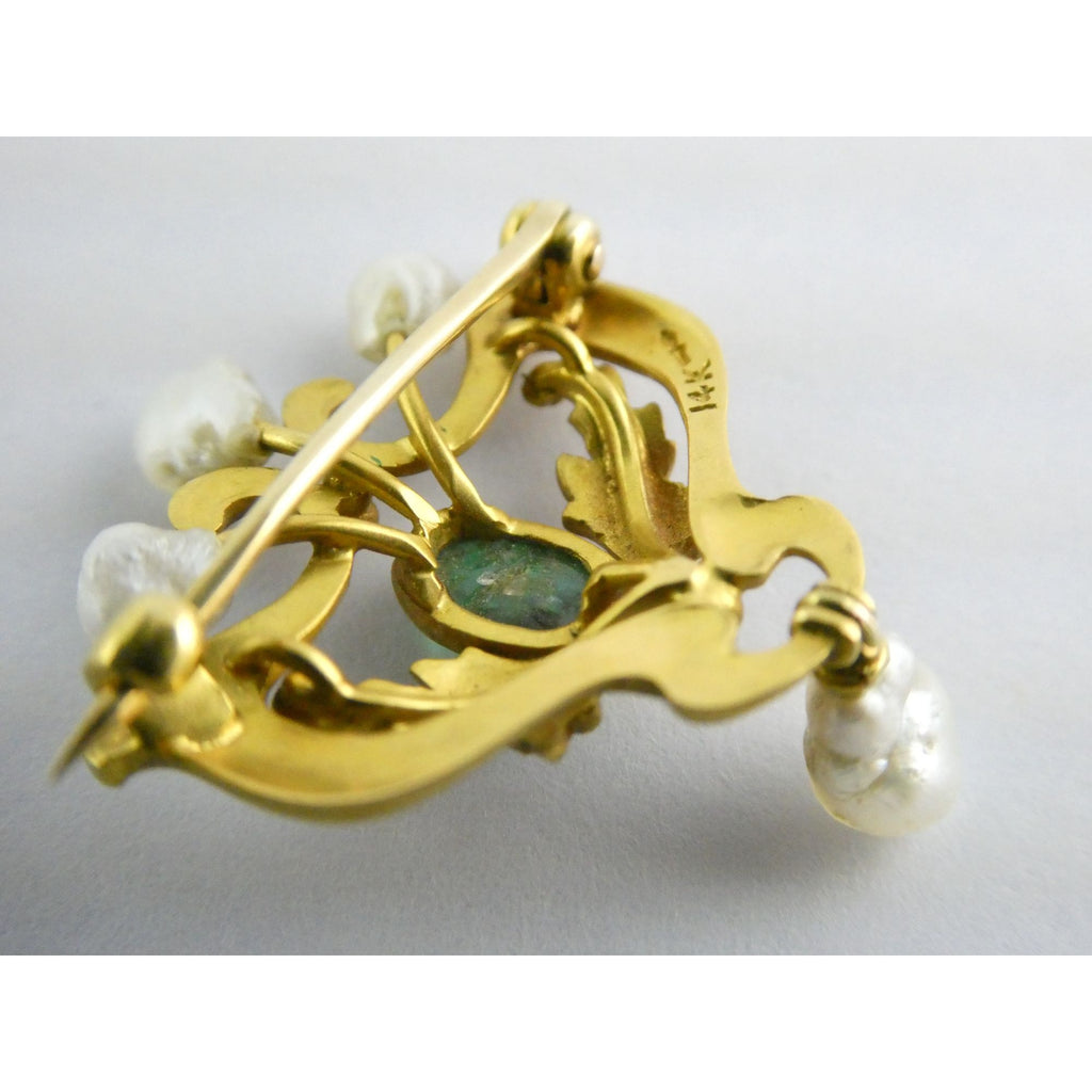 Antique Art Nouveau 14K Gold Emerald Cabochon and Baroque Pearl Pin Brooch 3.4g